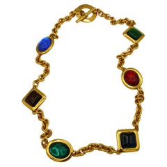 CELINE Vintage Gold Tone Chain Glass Cabochons Necklace/Belt 