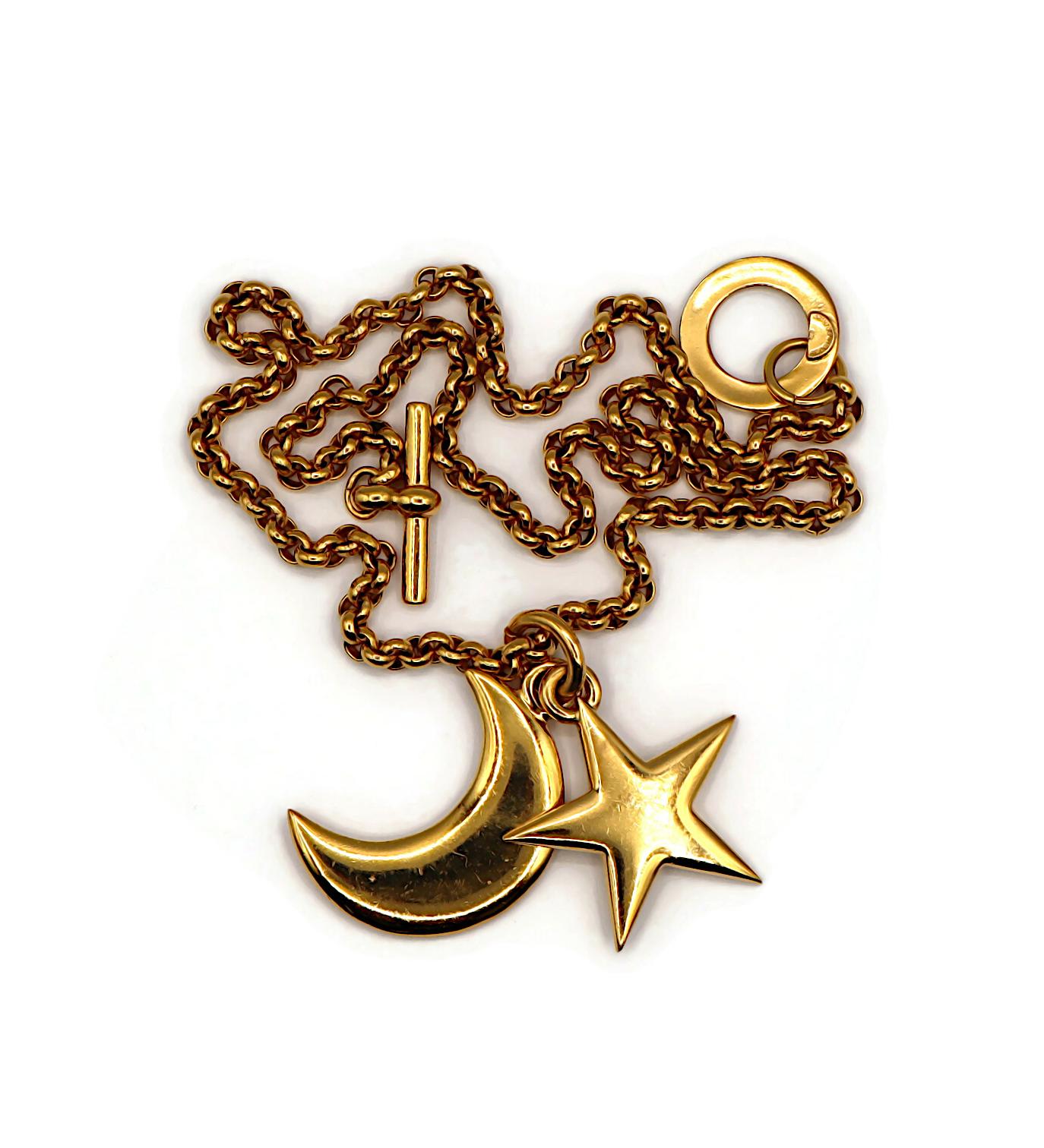 CELINE Vintage Gold Tone Crescent Moon and Star Pendant Necklace For Sale 7