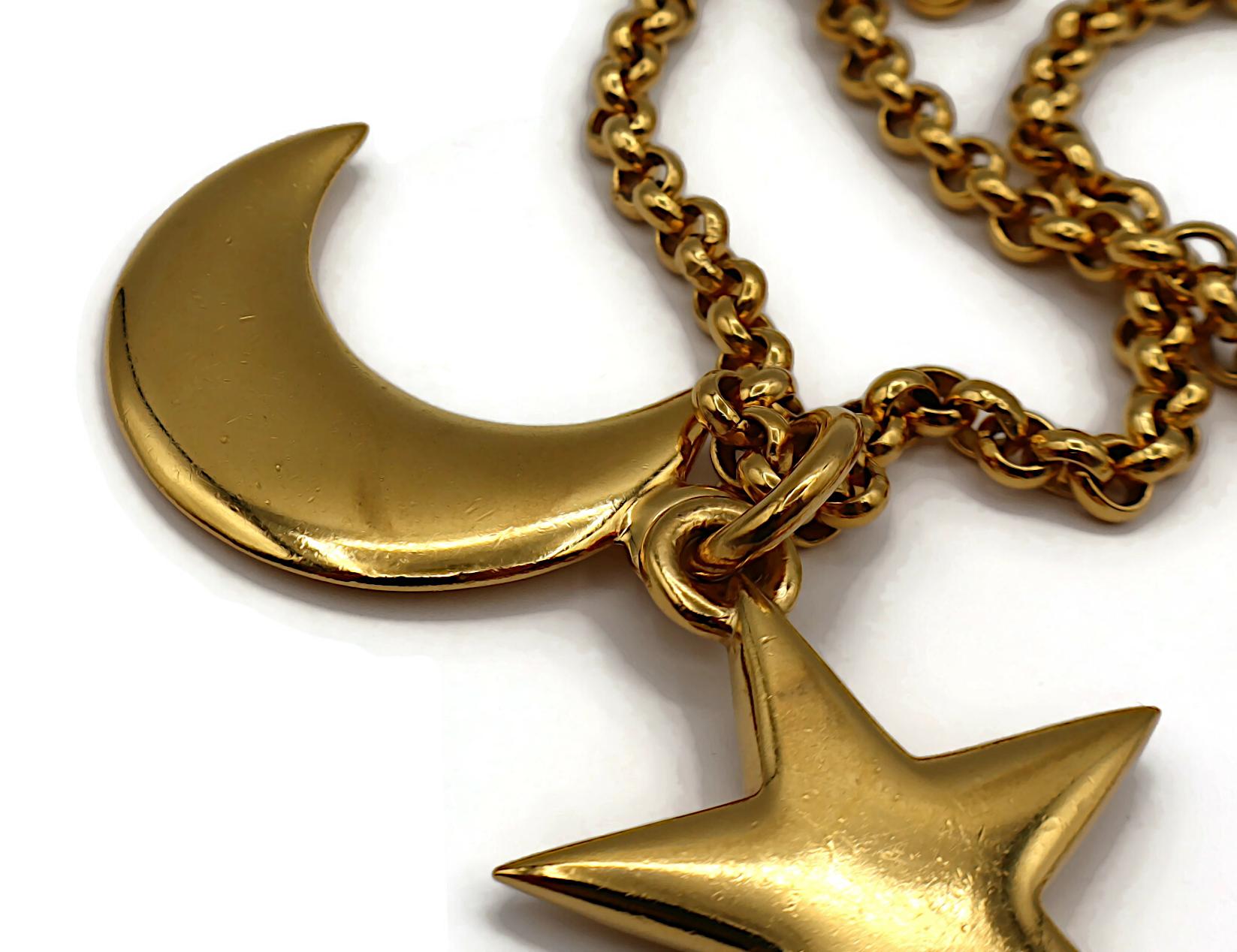 CELINE Vintage Gold Tone Crescent Moon and Star Pendant Necklace For Sale 10