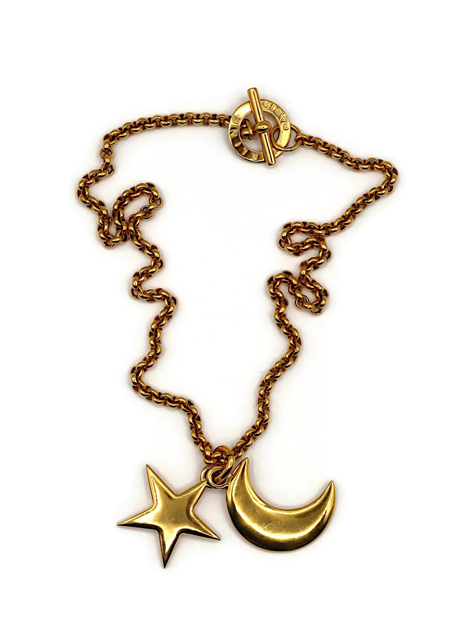 CELINE Vintage Gold Tone Crescent Moon and Star Pendant Necklace In Good Condition For Sale In Nice, FR