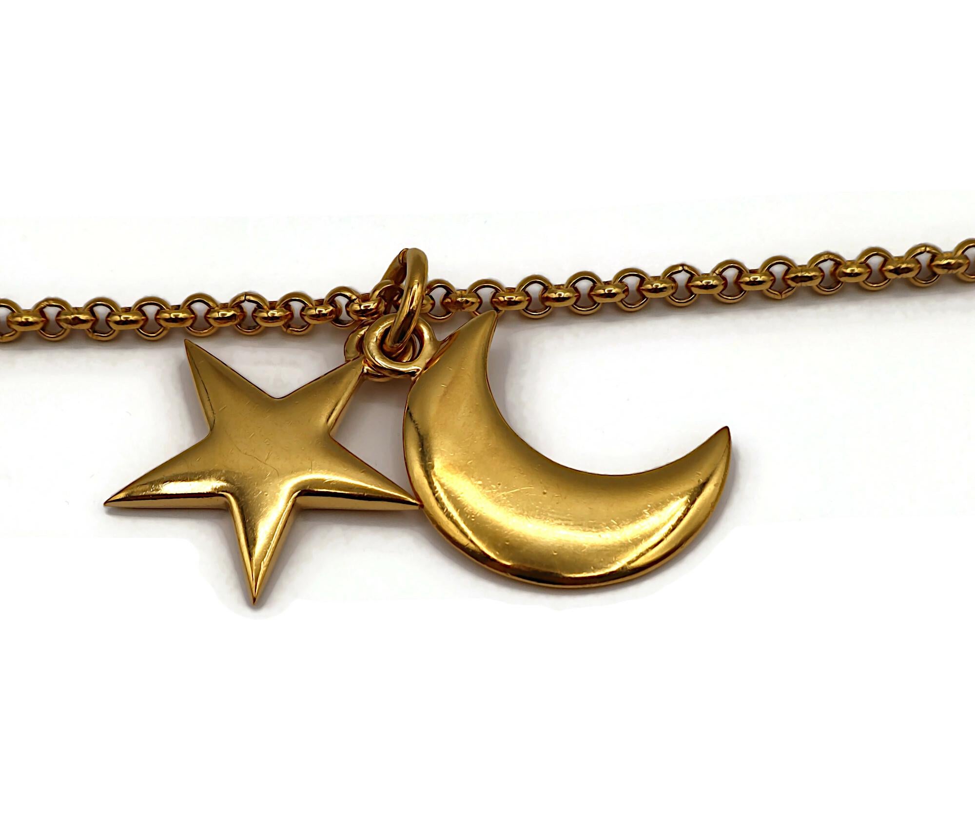 CELINE Vintage Gold Tone Crescent Moon and Star Pendant Necklace For Sale 3
