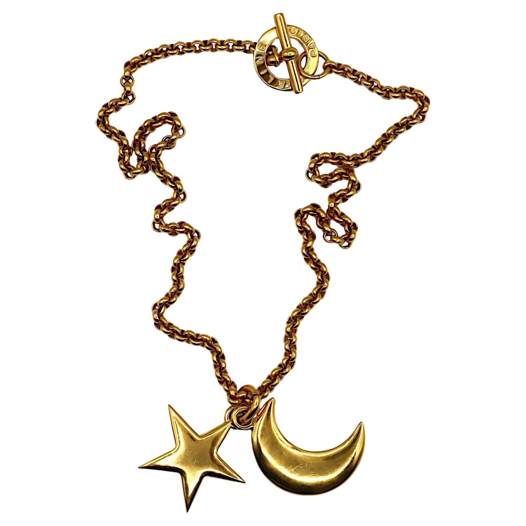 CELINE Vintage Gold Tone Crescent Moon and Star Pendant Necklace For Sale
