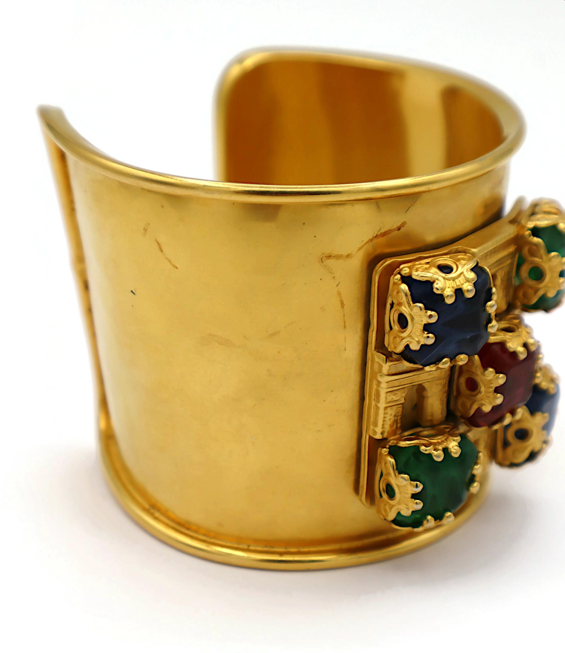 CELINE Vintage Gold Tone Cuff Bracelet Triumphal Arches & Glass Cabochons For Sale 10