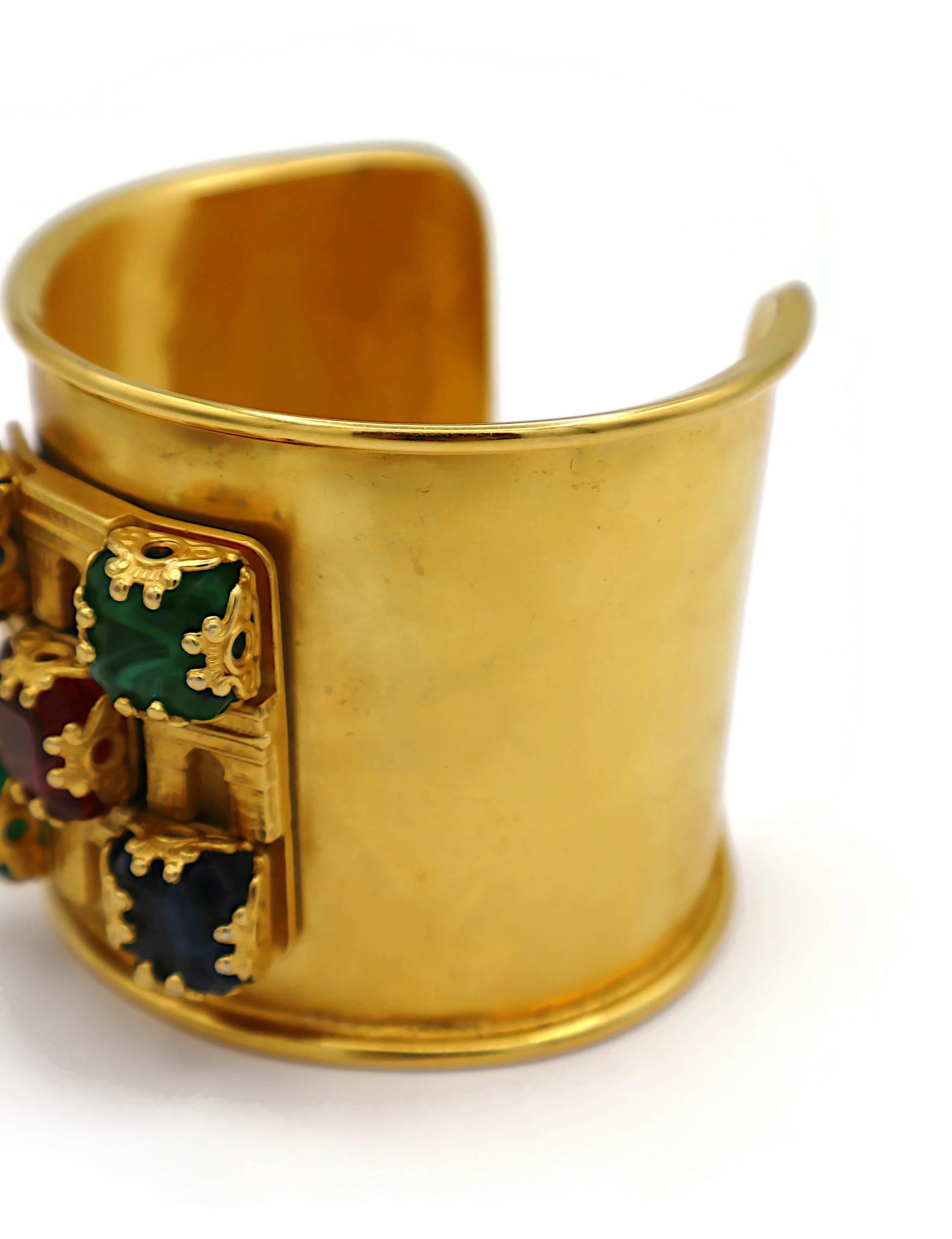 CELINE Vintage Gold Tone Cuff Bracelet Triumphal Arches & Glass Cabochons For Sale 12
