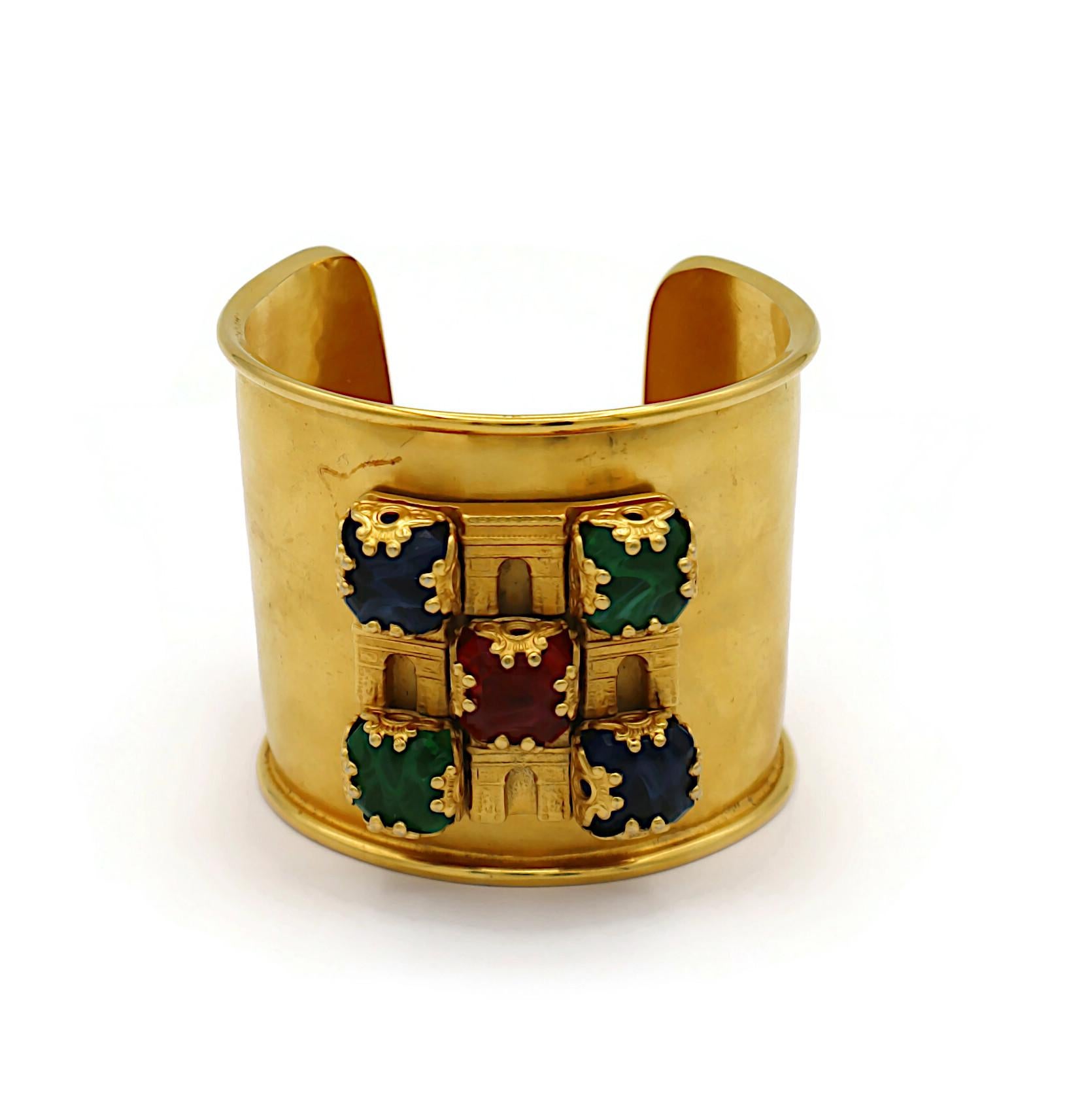 Women's CELINE Vintage Gold Tone Cuff Bracelet Triumphal Arches & Glass Cabochons For Sale