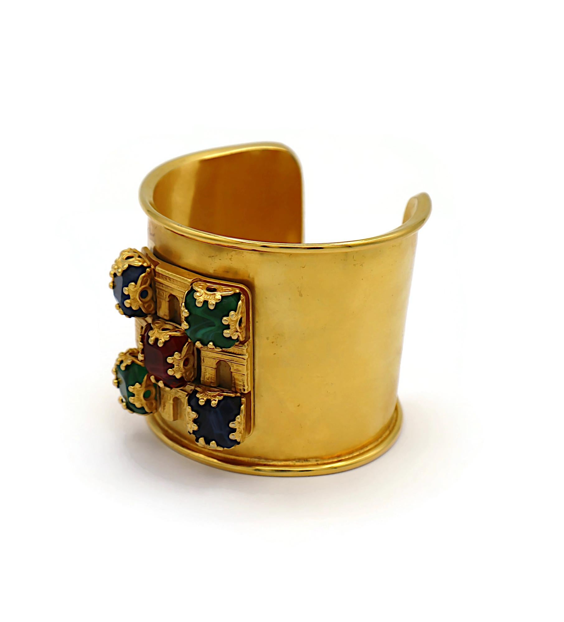 CELINE Vintage Gold Tone Cuff Bracelet Triumphal Arches & Glass Cabochons For Sale 1