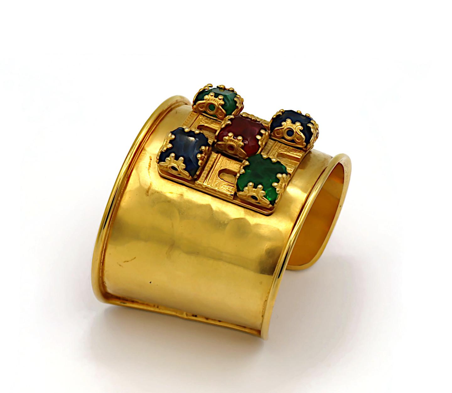 CELINE Vintage Gold Tone Cuff Bracelet Triumphal Arches & Glass Cabochons For Sale 2