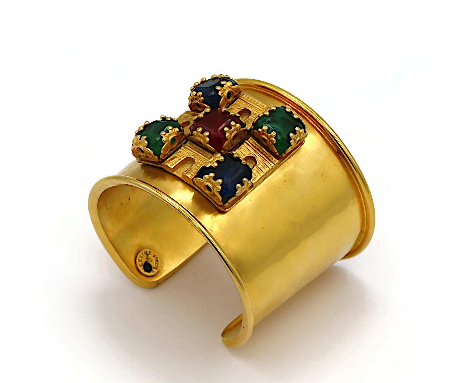 CELINE Vintage Gold Tone Cuff Bracelet Triumphal Arches & Glass Cabochons For Sale 3