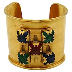 CELINE Vintage Gold Tone Cuff Bracelet Triumphal Arches & Glass Cabochons