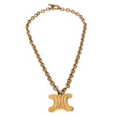 Celine Vintage Gold Tone Logo Pendant Blazon Necklace