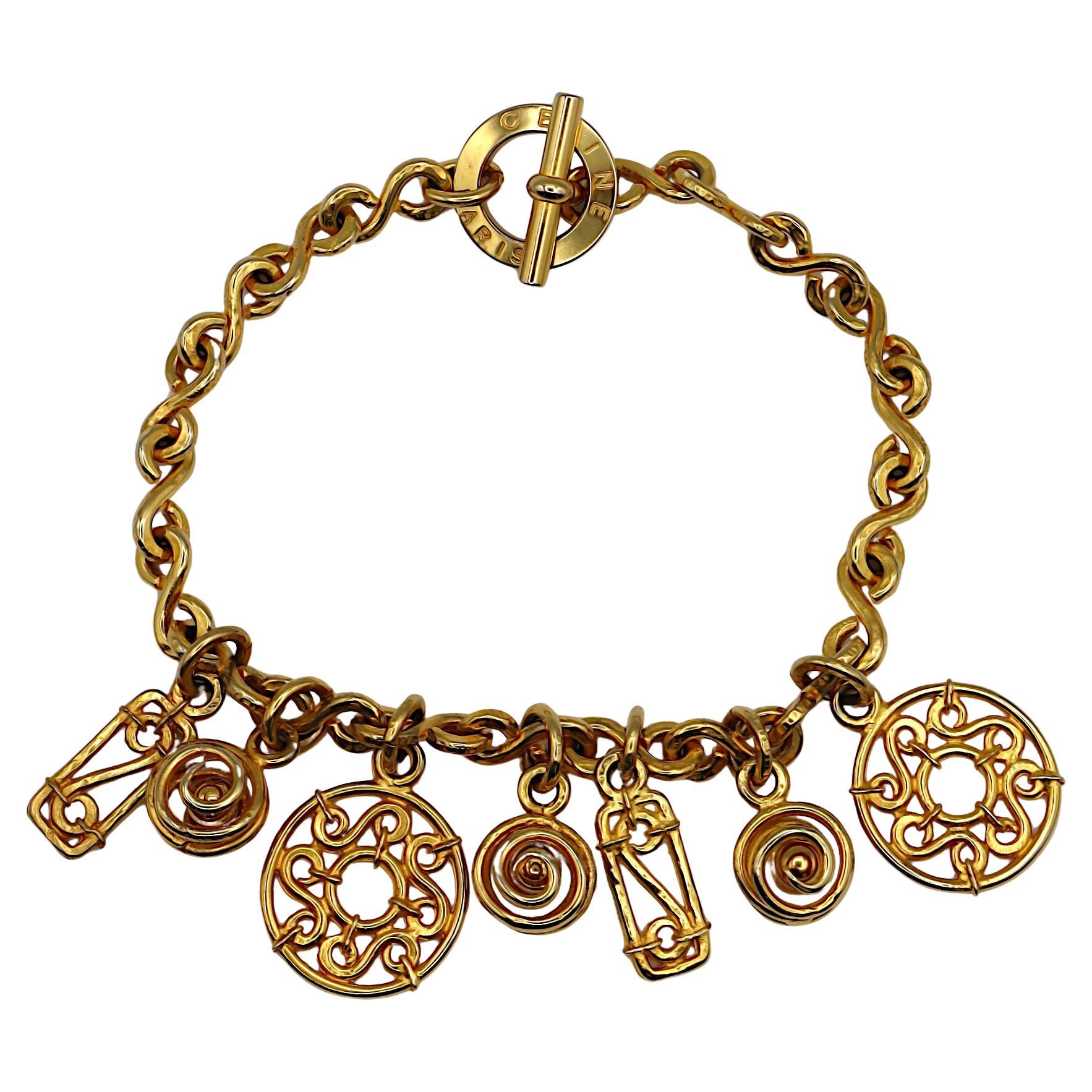 CELINE Vintage Gold Tone Charm Necklace For Sale
