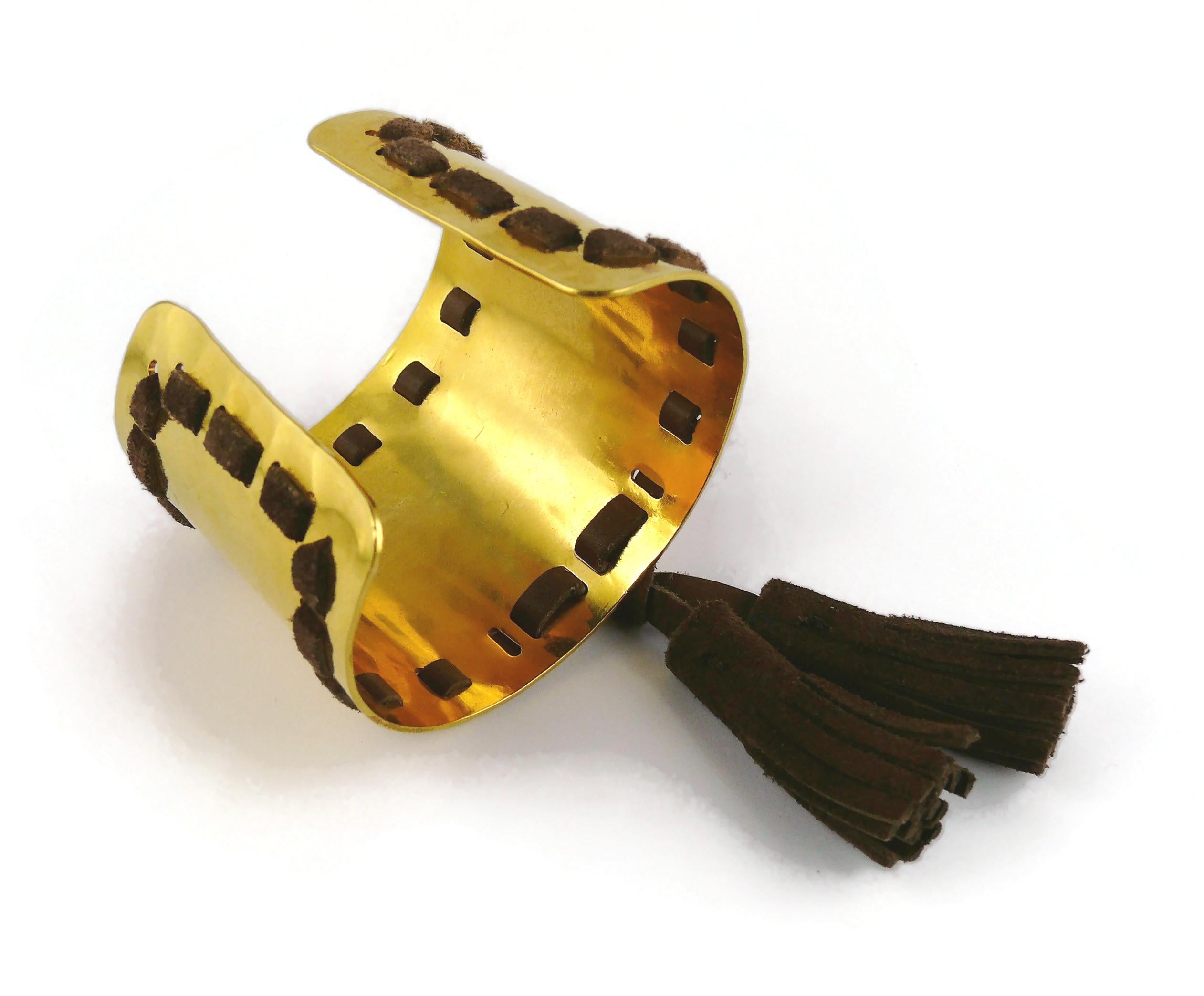 Celine Vintage Gold Toned Hammered Cuff Bracelet with Brown Suede Tassels, 1991 For Sale 8