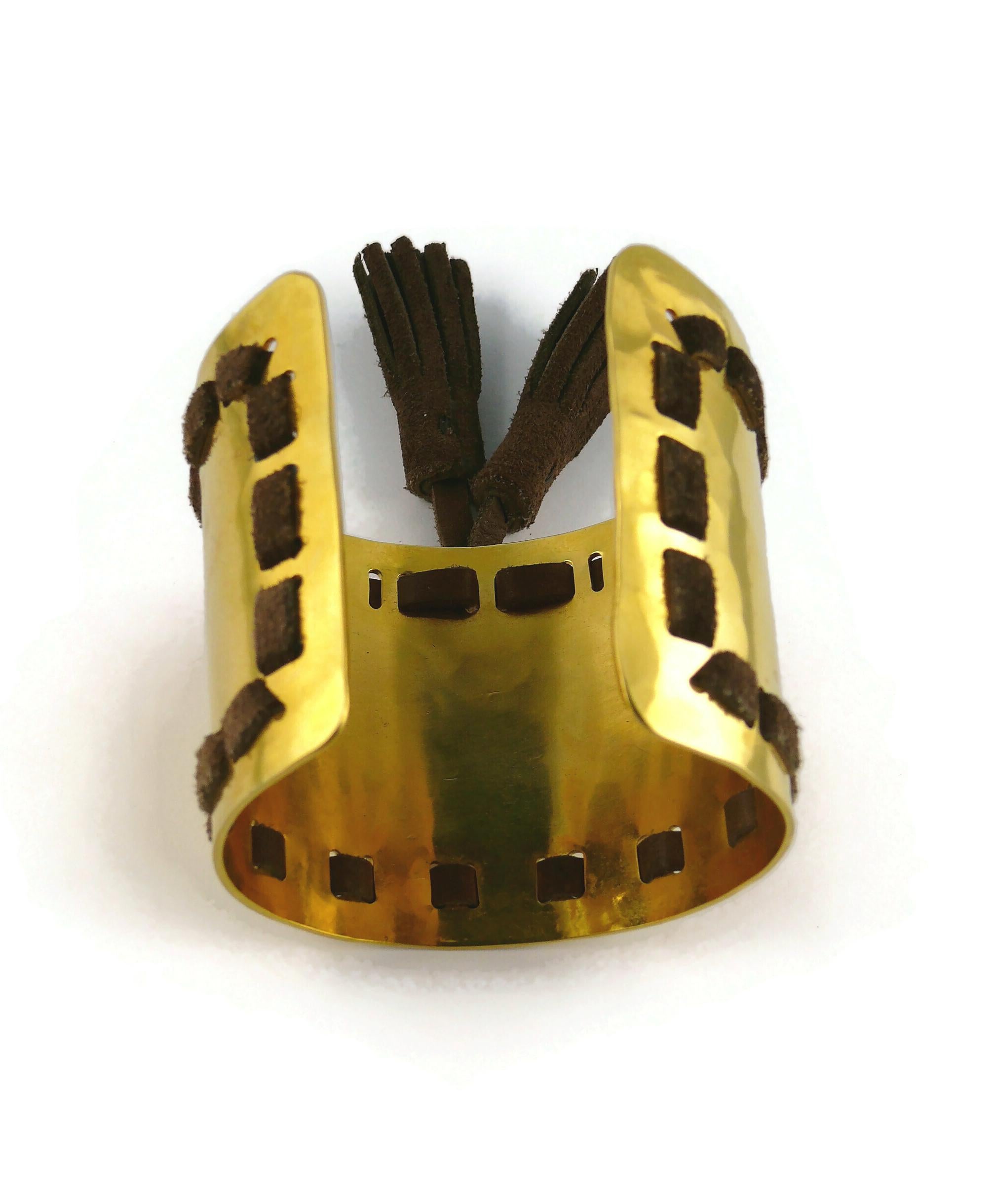 Celine Vintage Gold Toned Hammered Cuff Bracelet with Brown Suede Tassels, 1991 For Sale 10