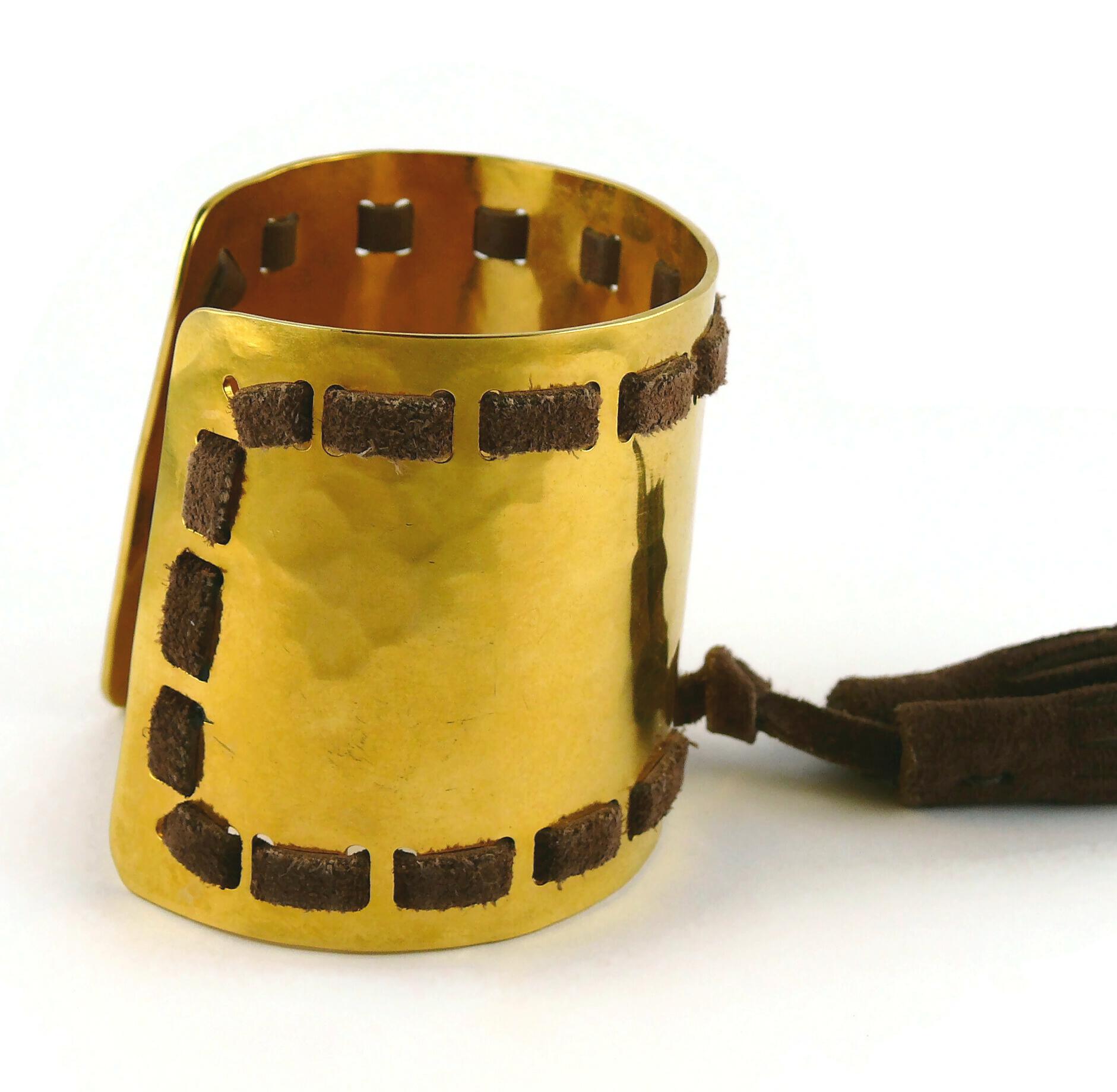 Celine Vintage Gold Toned Hammered Cuff Bracelet with Brown Suede Tassels, 1991 For Sale 1