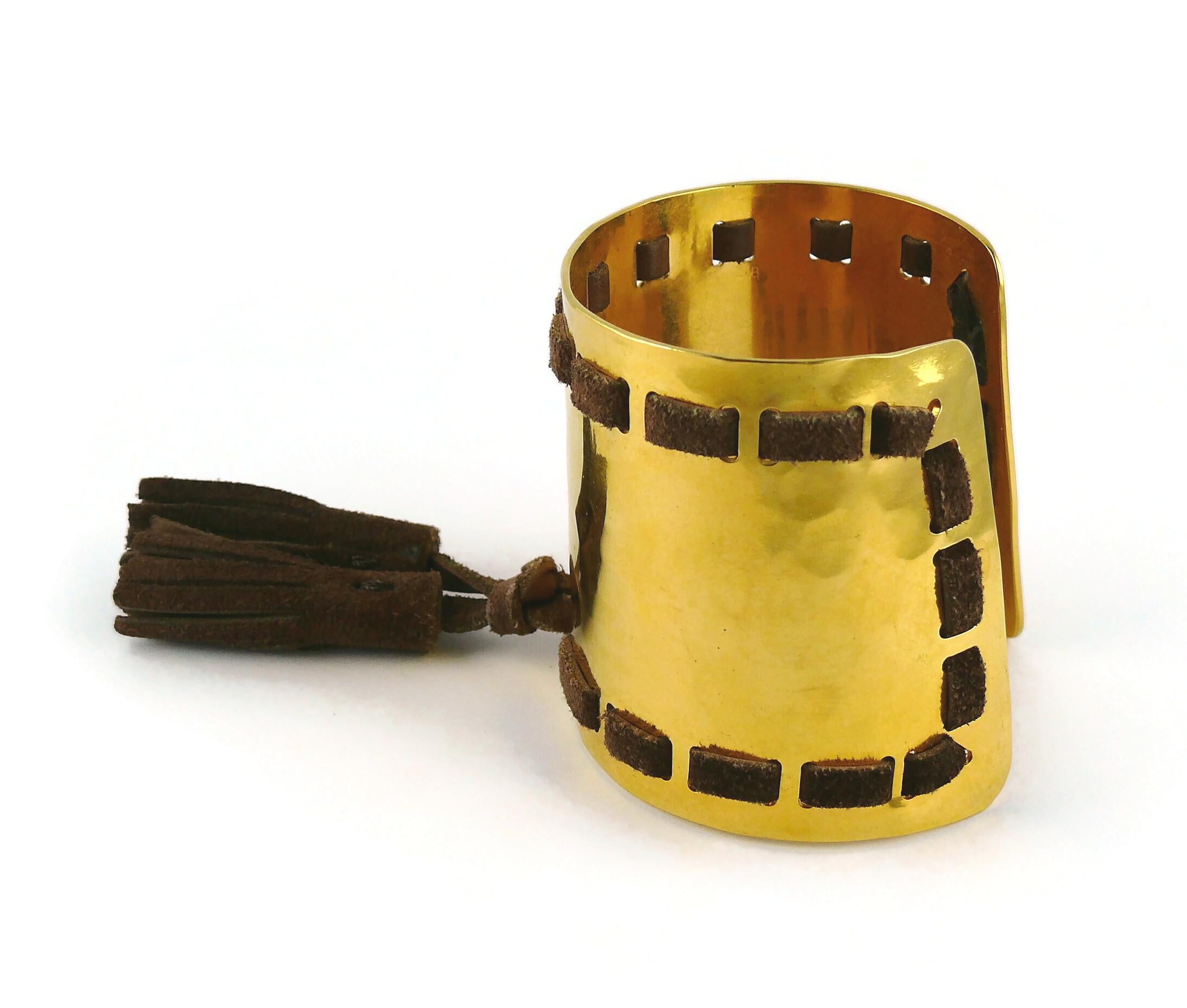 Celine Vintage Gold Toned Hammered Cuff Bracelet with Brown Suede Tassels, 1991 For Sale 2