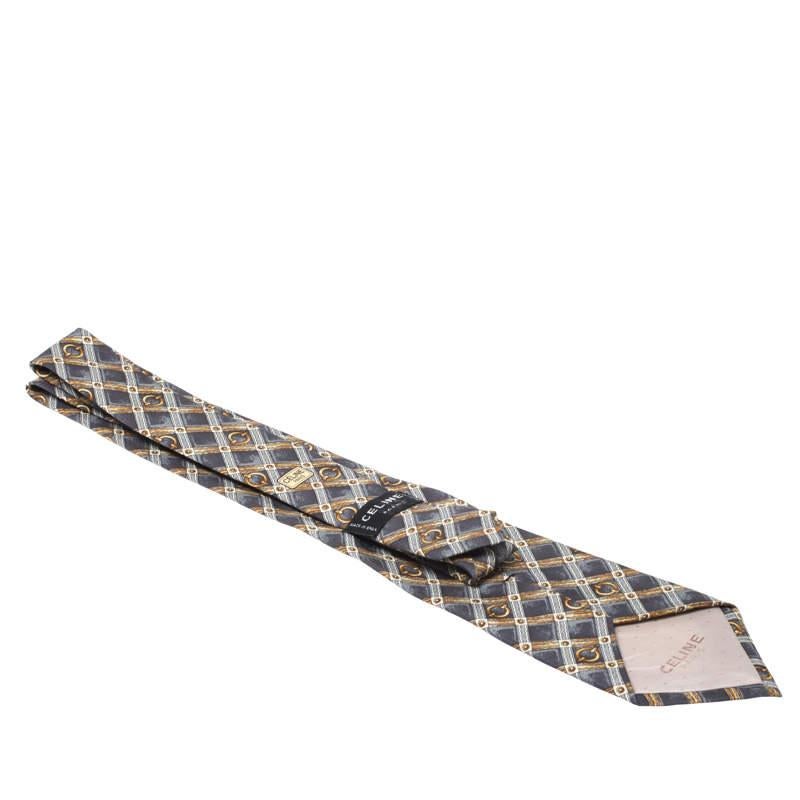 Celine Vintage Grey and Gold Equestrian Print Silk Tie In Good Condition In Dubai, Al Qouz 2