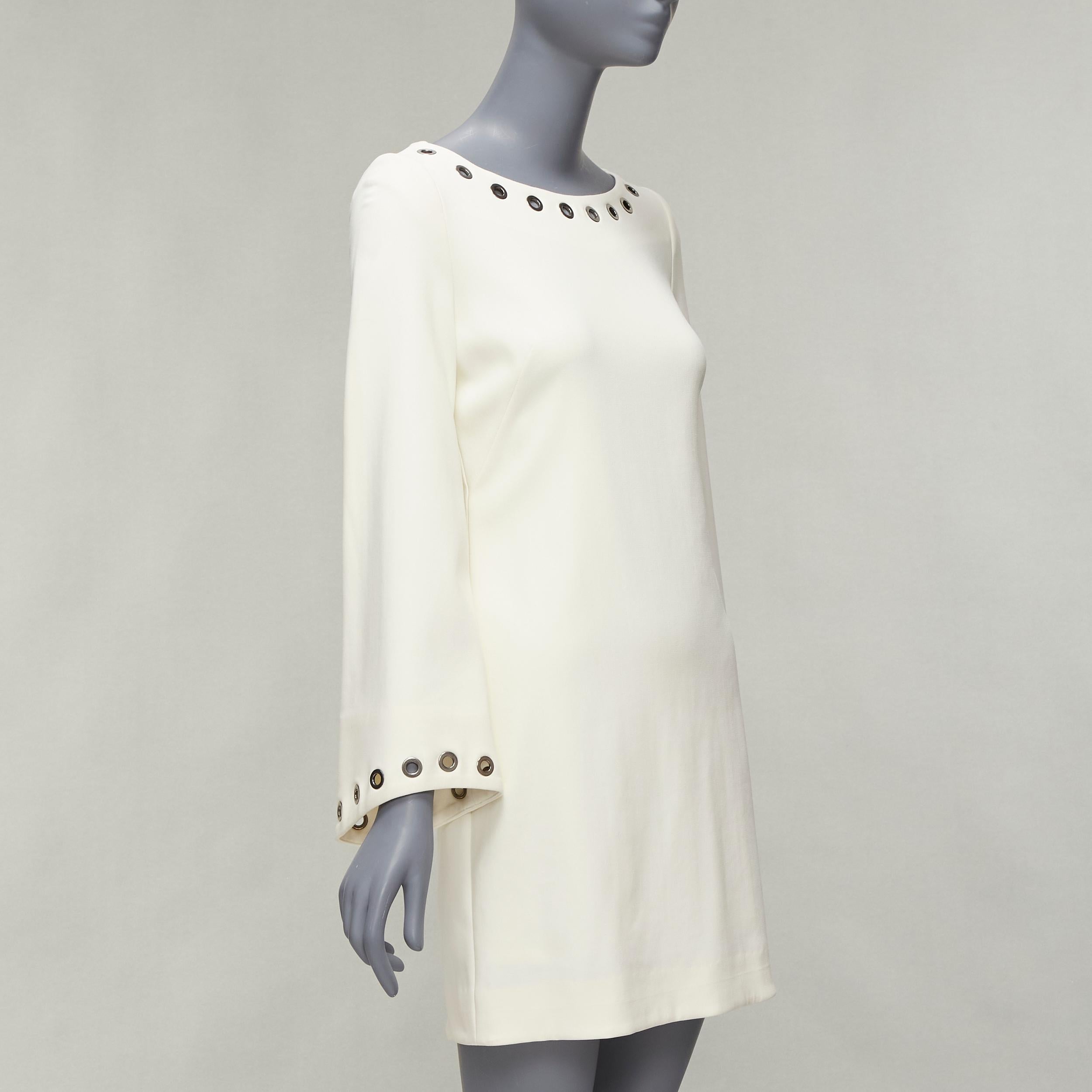 CELINE Vintage grommet detail cream crepe bell sleeve mini shift dress In Good Condition For Sale In Hong Kong, NT