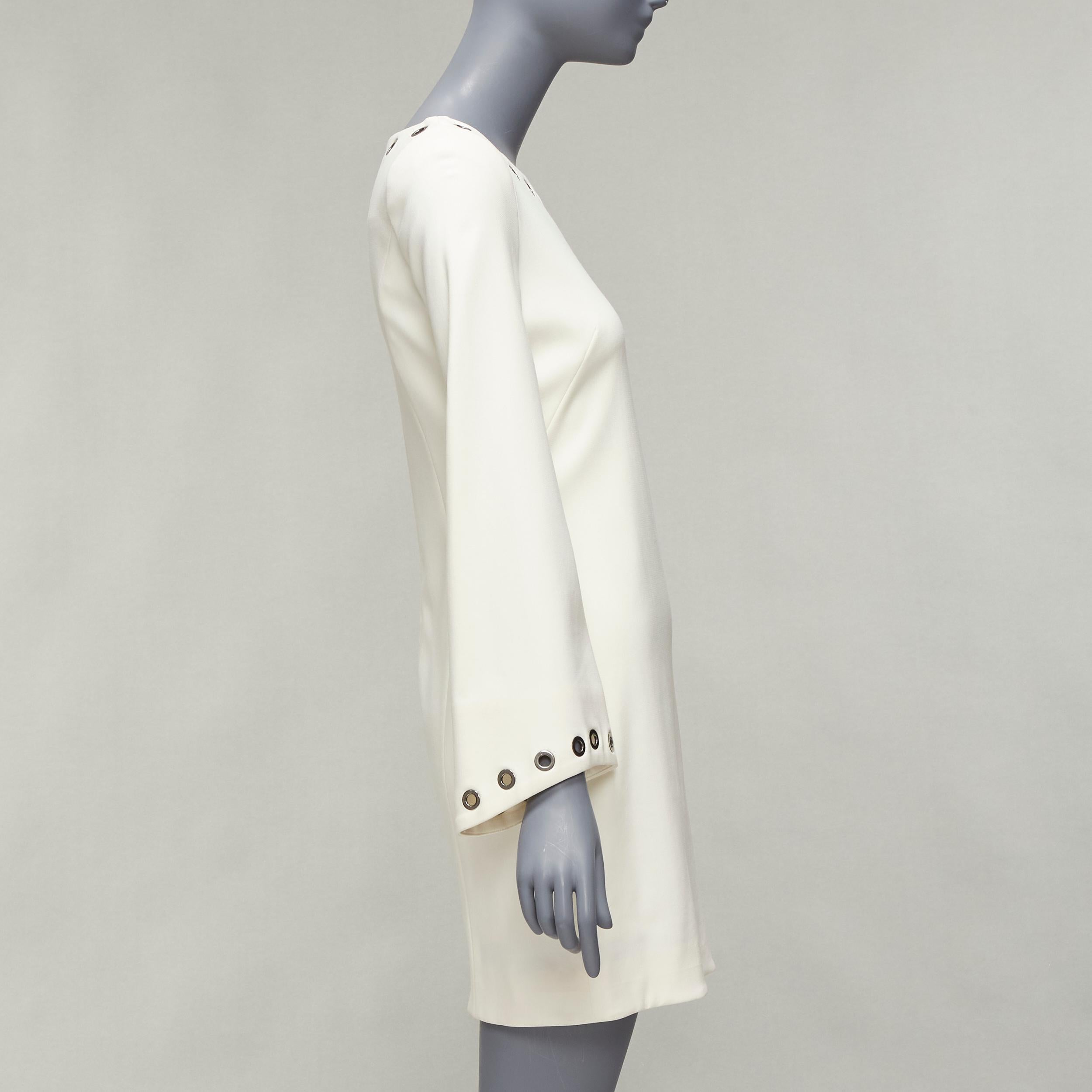Women's CELINE Vintage grommet detail cream crepe bell sleeve mini shift dress For Sale
