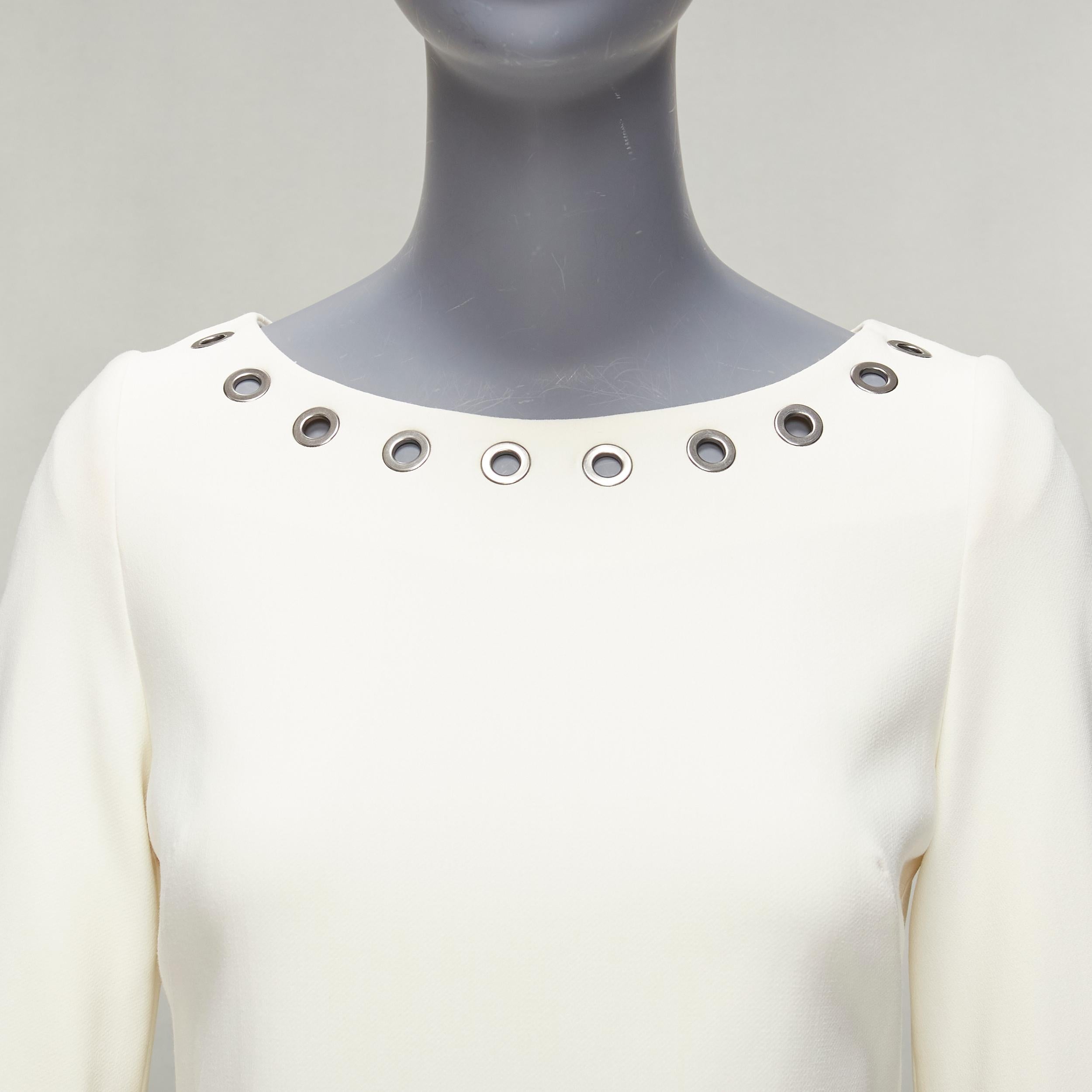 CELINE Vintage grommet detail cream crepe bell sleeve mini shift dress For Sale 3