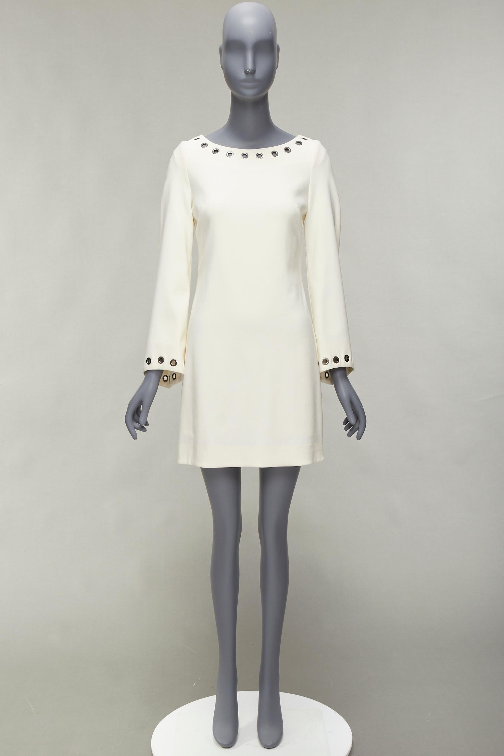 CELINE Vintage grommet detail cream crepe bell sleeve mini shift dress For Sale 4