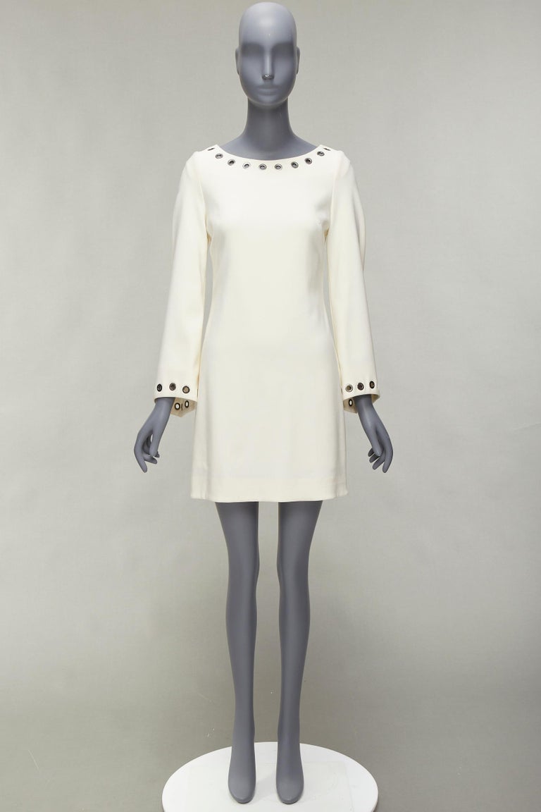 CELINE Vintage grommet detail cream crepe bell sleeve mini shift dress at  1stDibs