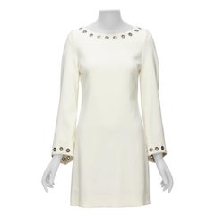 CELINE Vintage dettaglio occhiello crema crepe manica a campana mini abito a turni
