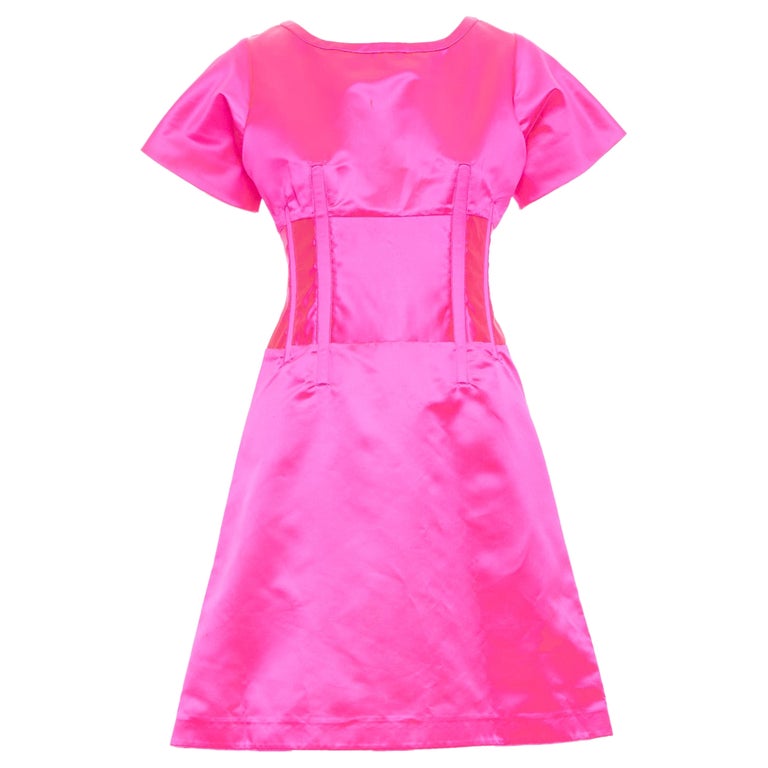 hot pink satin dress mini CELINE Vintage exposed boning flared cocktail FR38 M For Sale at 1stDibs one