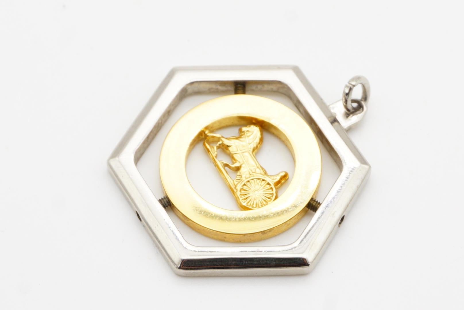CELINE Vintage Large Horse Carriage Hexagon Circle Chunky Silver Gold Pendant For Sale 5