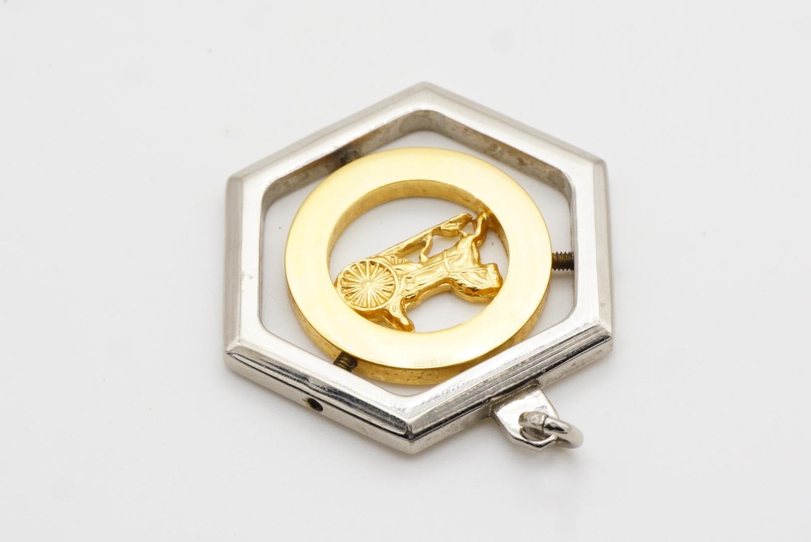 CELINE Vintage Large Horse Carriage Hexagon Circle Chunky Silver Gold Pendant For Sale 6