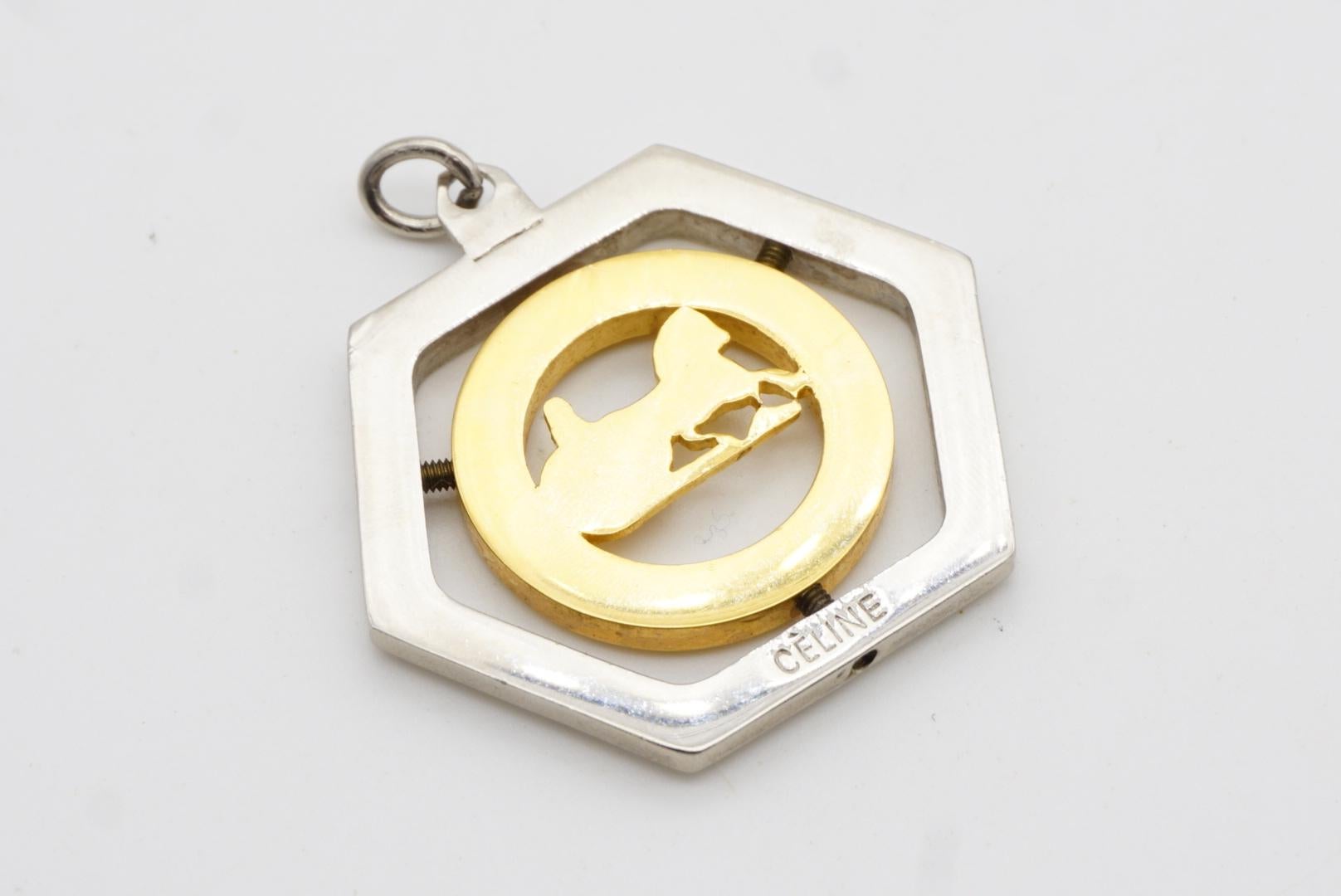 CELINE Vintage Large Horse Carriage Hexagon Circle Chunky Silver Gold Pendant For Sale 7