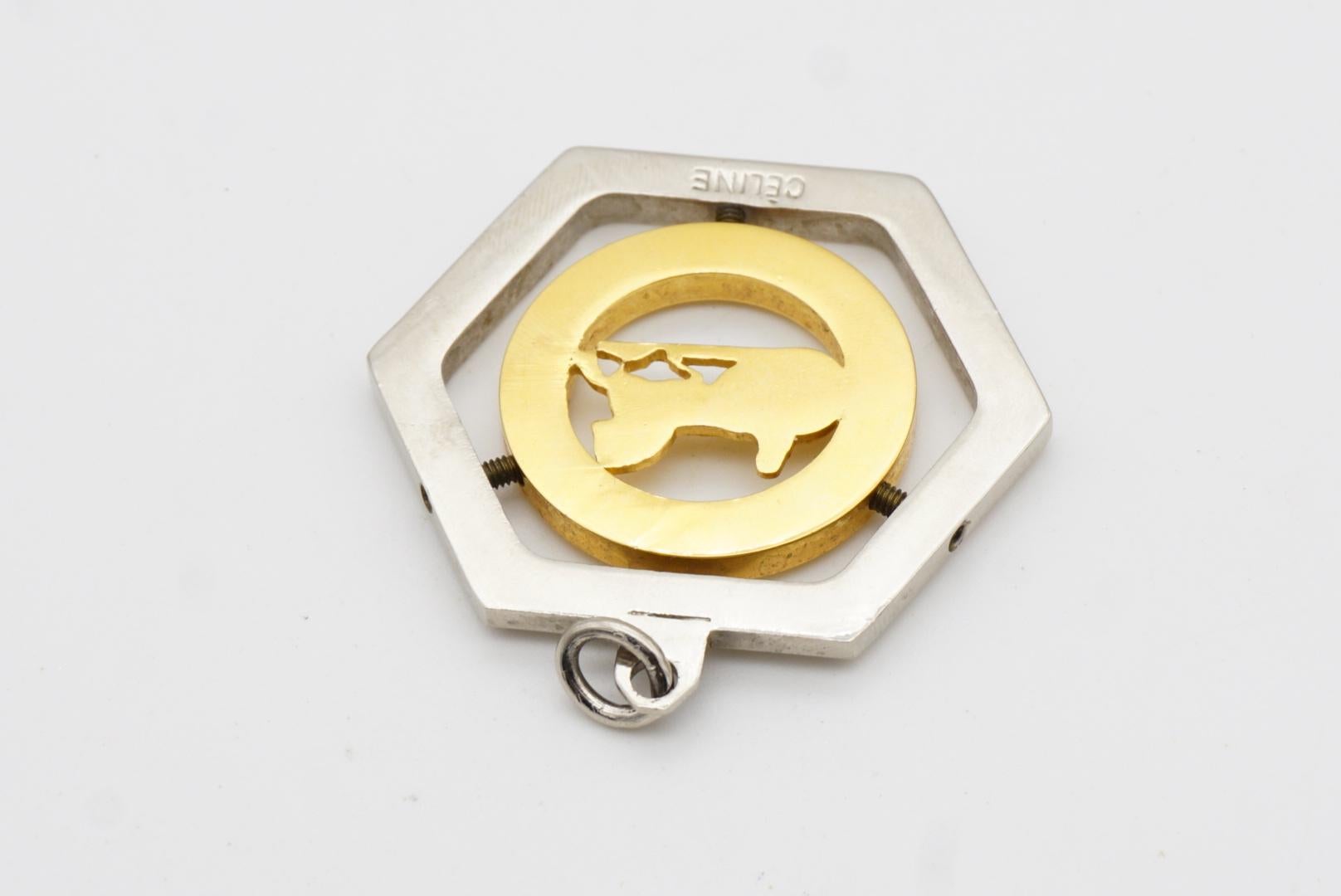 CELINE Vintage Large Horse Carriage Hexagon Circle Chunky Silver Gold Pendant For Sale 8