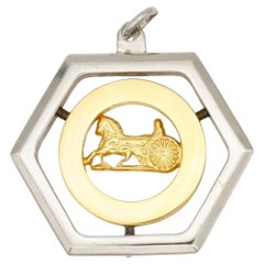 CELINE Vintage Large Horse Carriage Hexagon Circle Chunky Silver Gold Pendant