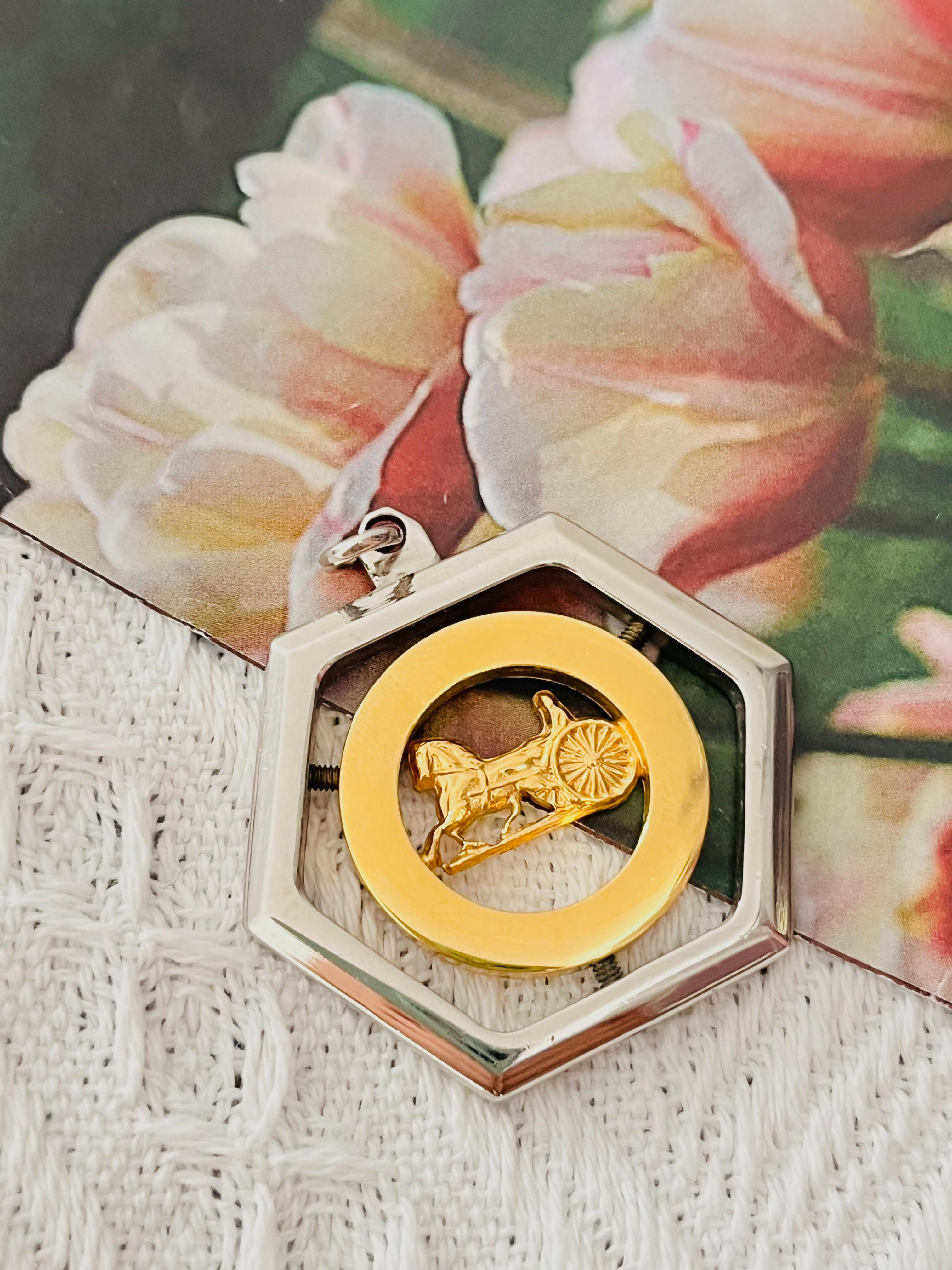 Art Deco CELINE Vintage Large Horse Carriage Hexagon Circle Chunky Silver Gold Pendant For Sale