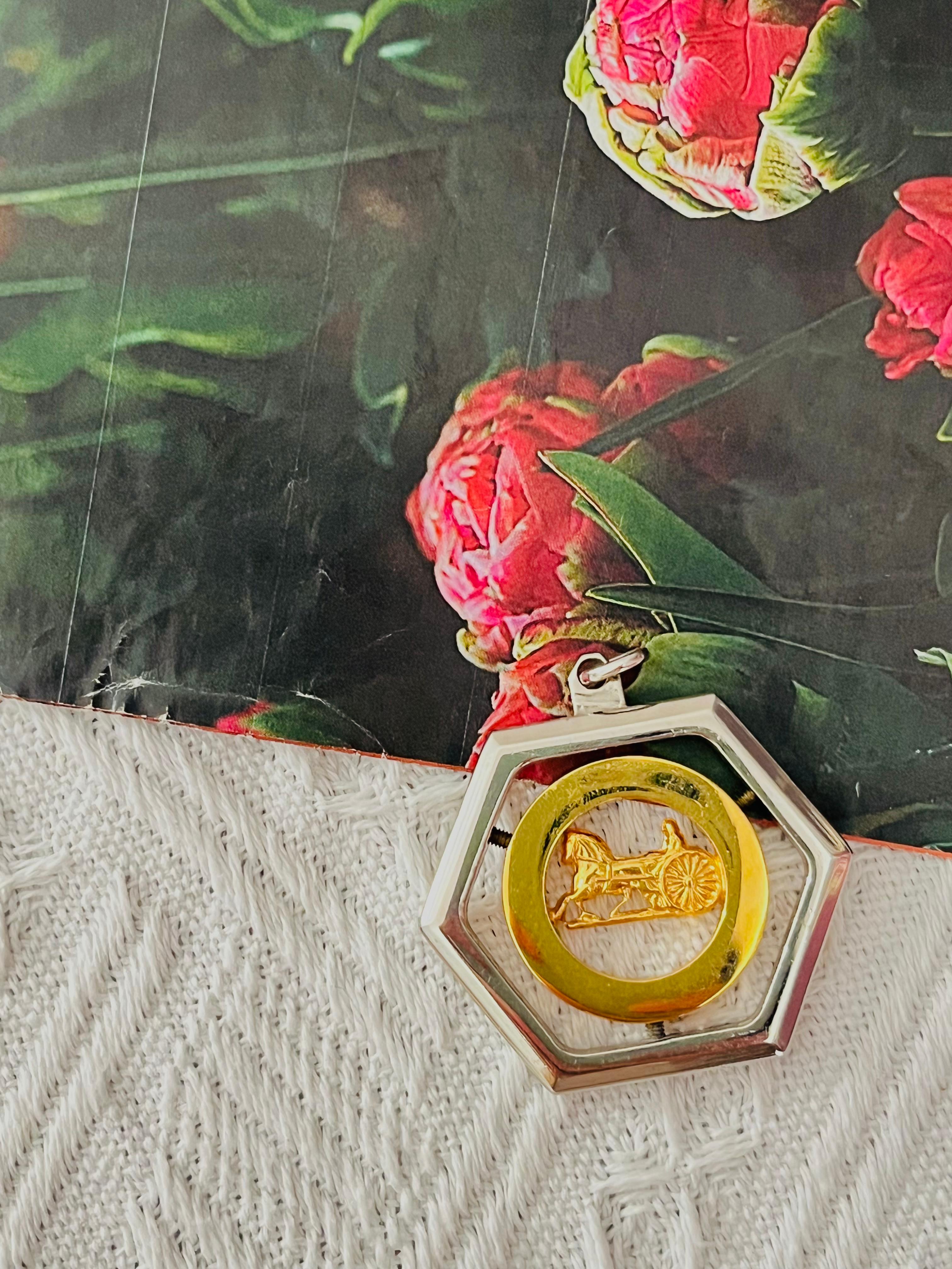 CELINE Vintage Large Horse Carriage Hexagon Circle Chunky Silver Gold Pendant In Good Condition In Wokingham, England