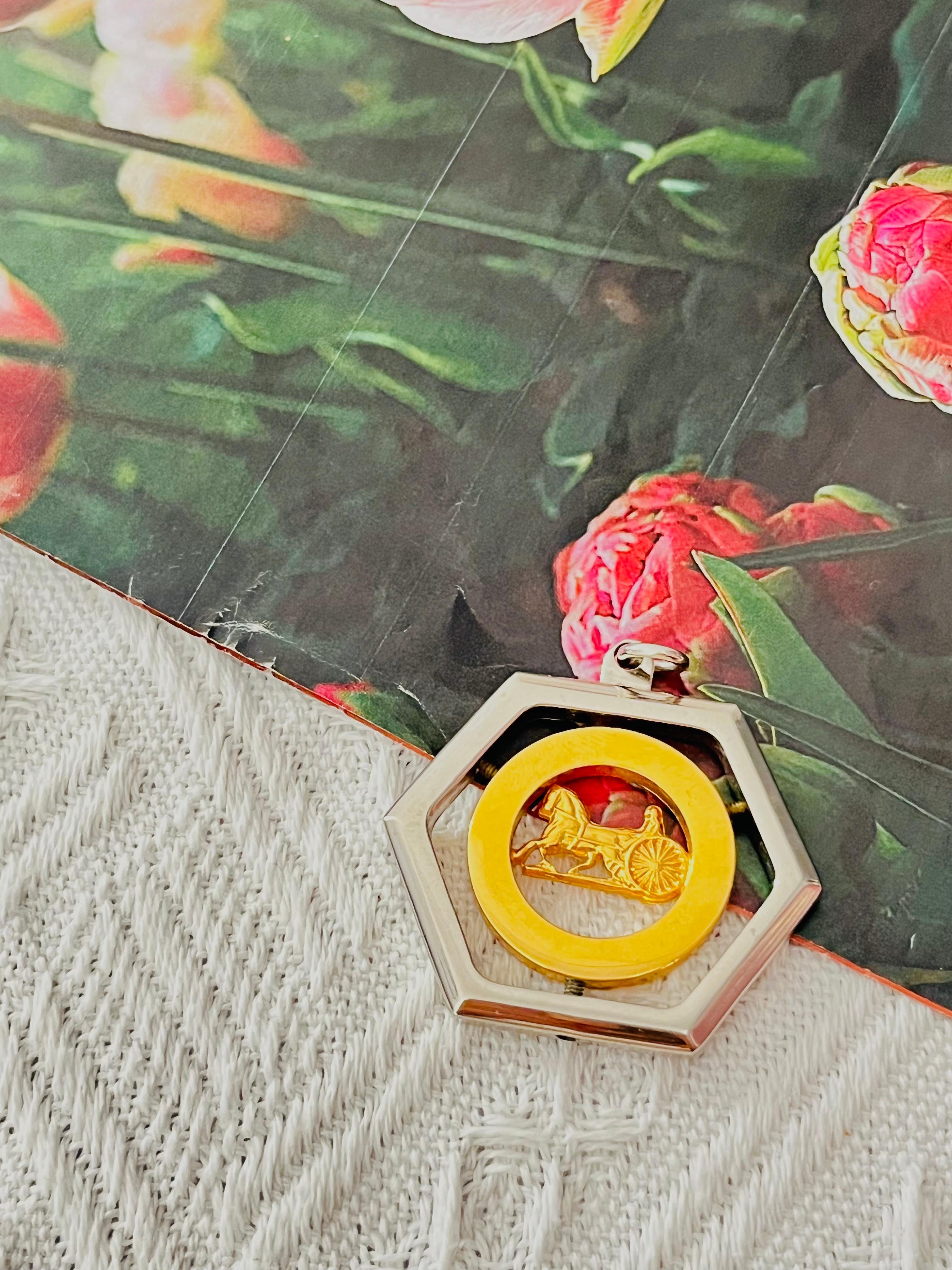 CELINE Vintage Large Horse Carriage Hexagon Circle Chunky Silver Gold Pendant In Good Condition For Sale In Wokingham, England