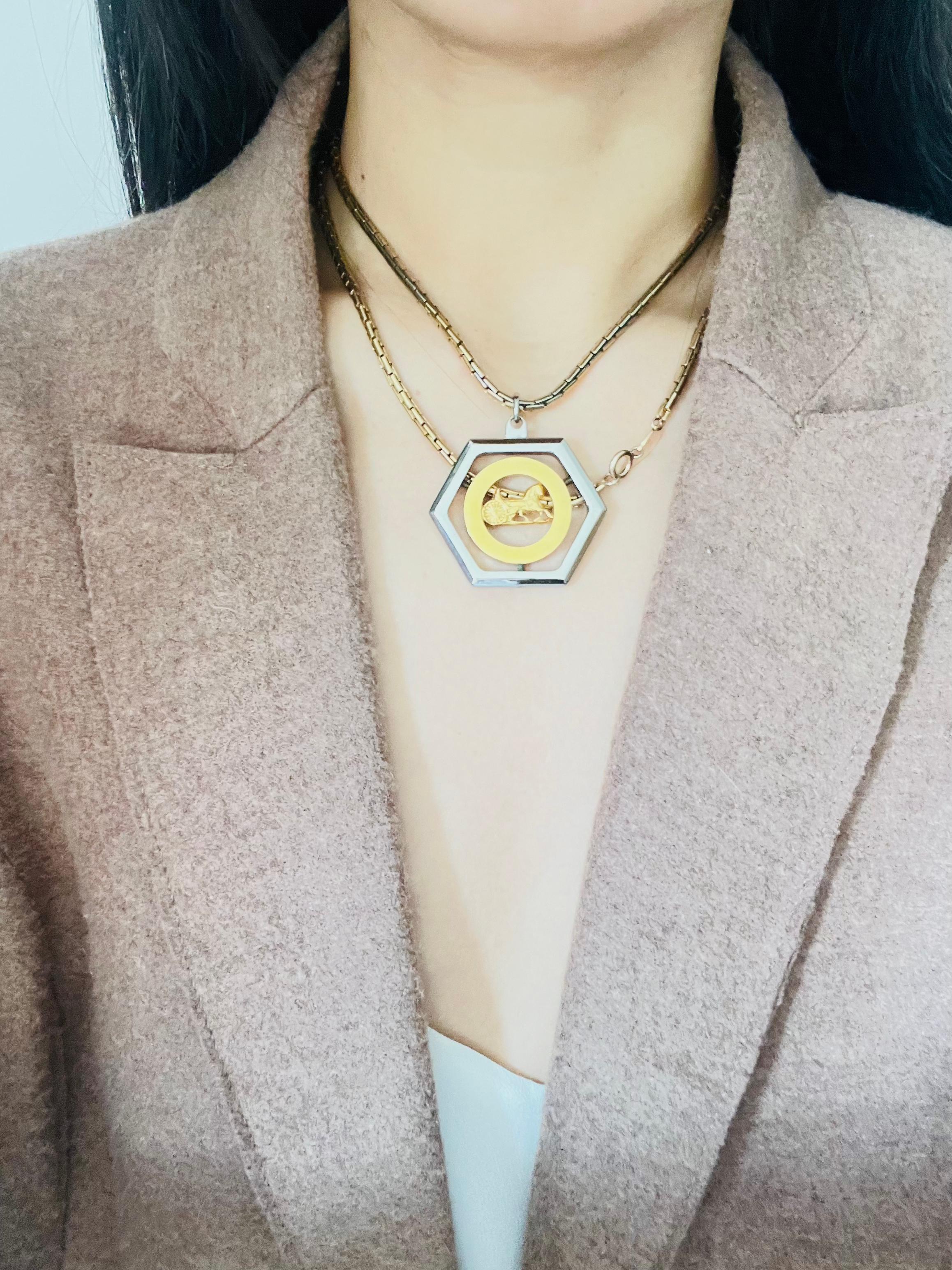 CELINE Vintage Large Horse Carriage Hexagon Circle Chunky Silver Gold Pendant For Sale 1