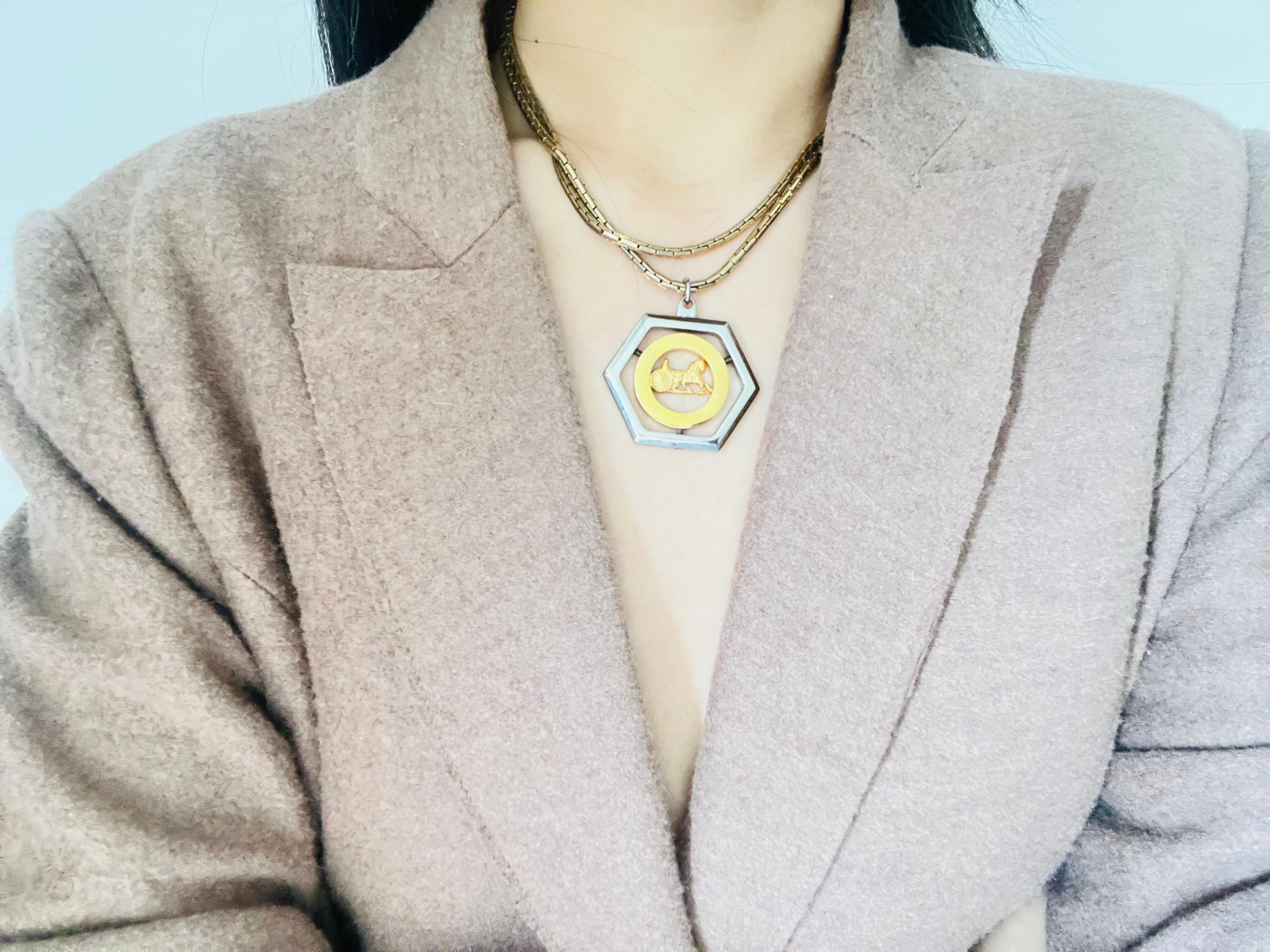 CELINE Vintage Large Horse Carriage Hexagon Circle Chunky Silver Gold Pendant For Sale 2