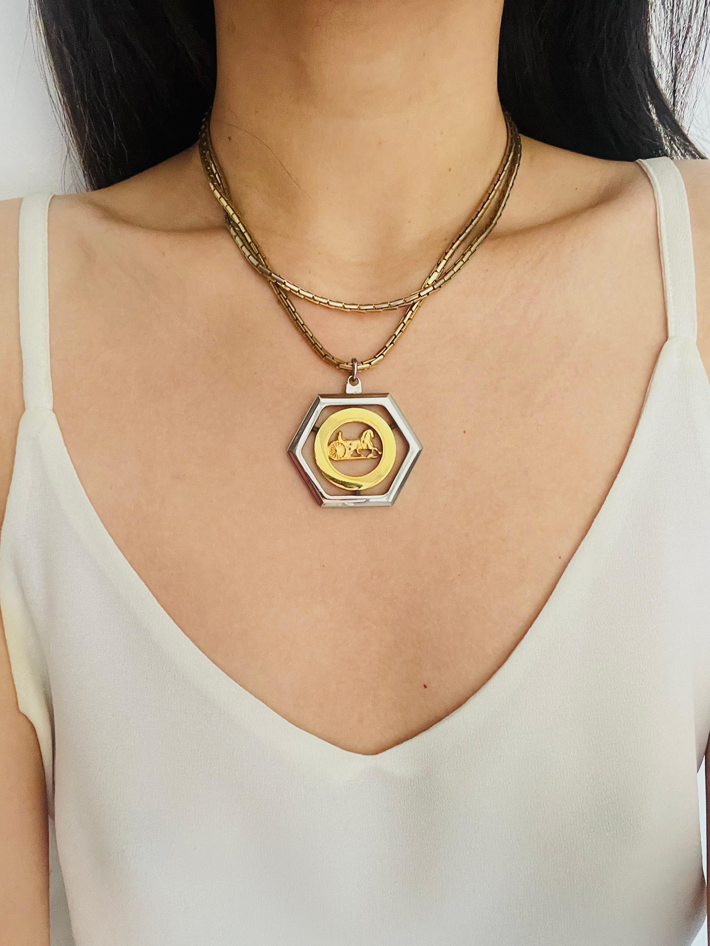 CELINE Vintage Large Horse Carriage Hexagon Circle Chunky Silver Gold Pendant For Sale 3