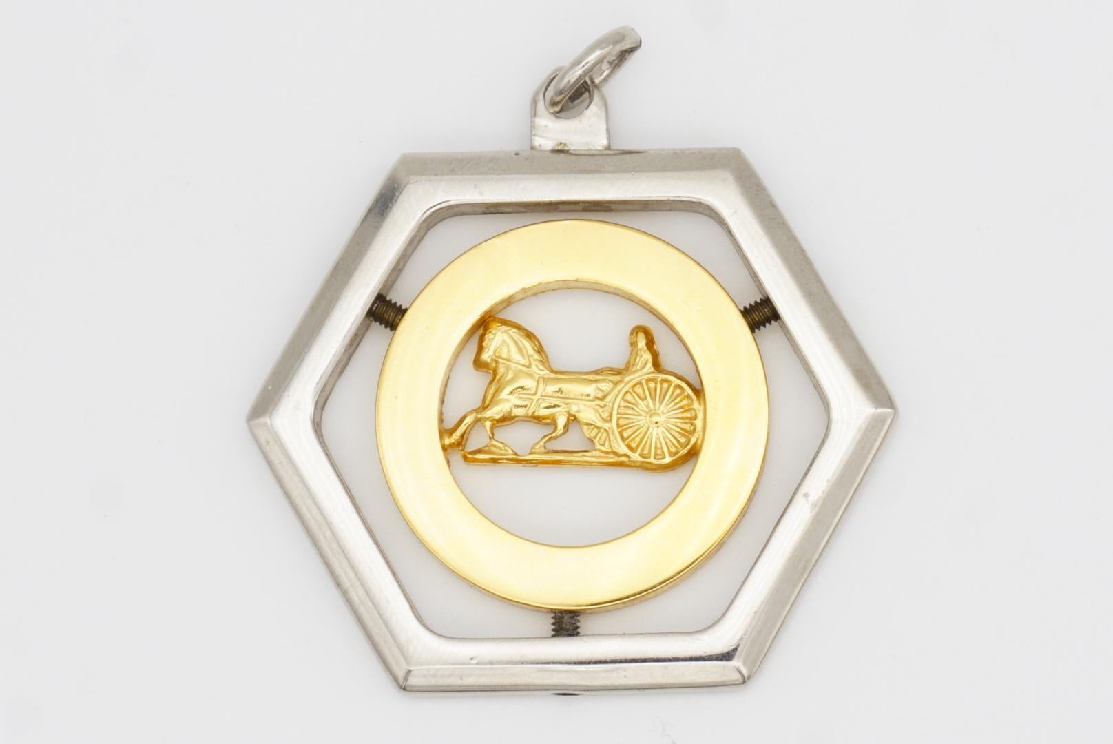 CELINE Vintage Large Horse Carriage Hexagon Circle Chunky Silver Gold Pendant For Sale 4