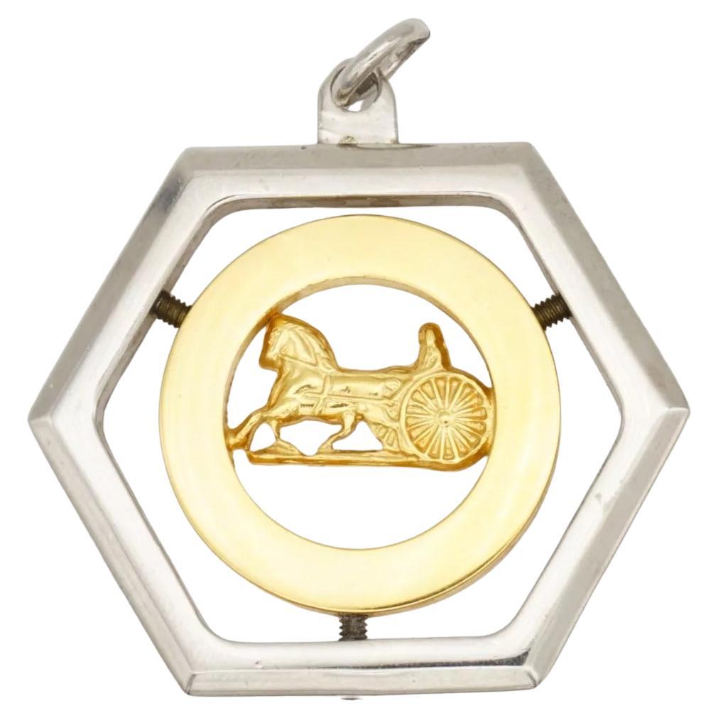 CELINE Vintage Large Horse Carriage Hexagon Circle Chunky Silver Gold Pendant For Sale