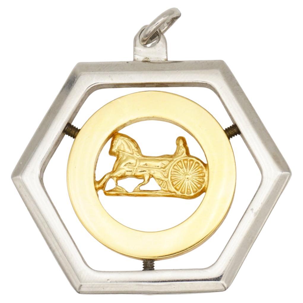 CELINE Vintage Large Horse Carriage Hexagon Circle Chunky Silver Gold Pendant