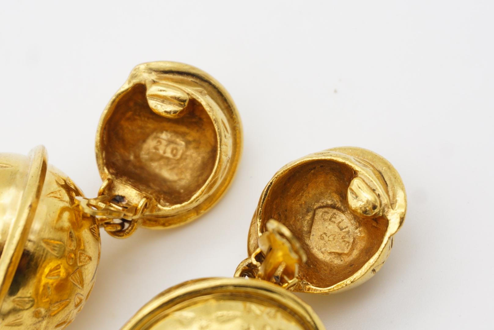 Celine Vintage Large Iconic Globe Celestial Double Ball Bell Gold Drop Earrings 2