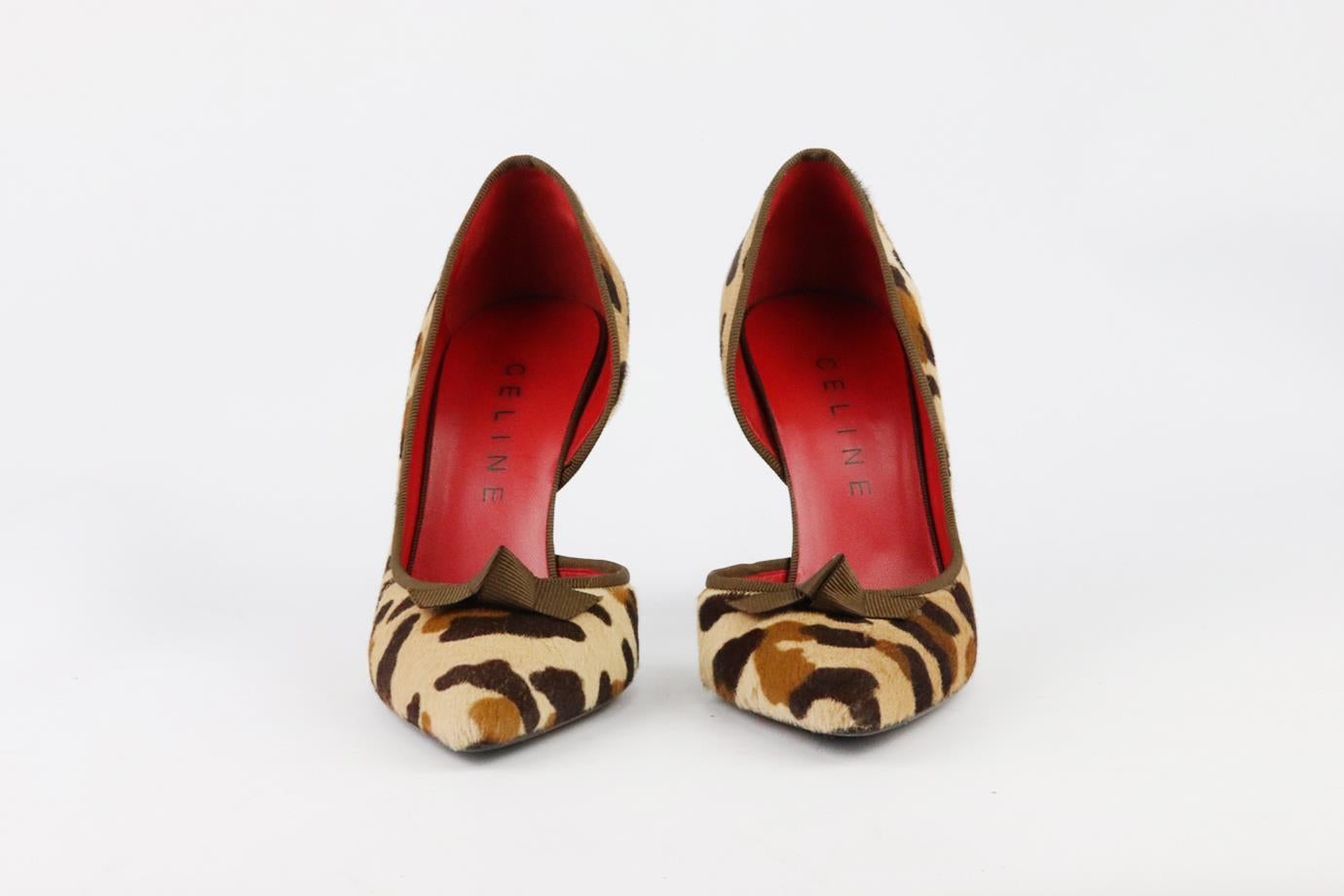 These vintage pumps by Celine are a classic style that will never date, made in Italy from beige, brown and tan leopard-print calf-hair, they have sharp pointed toes and comfortable 76 mm heels with d’orsay silhouette to take you to dinner with