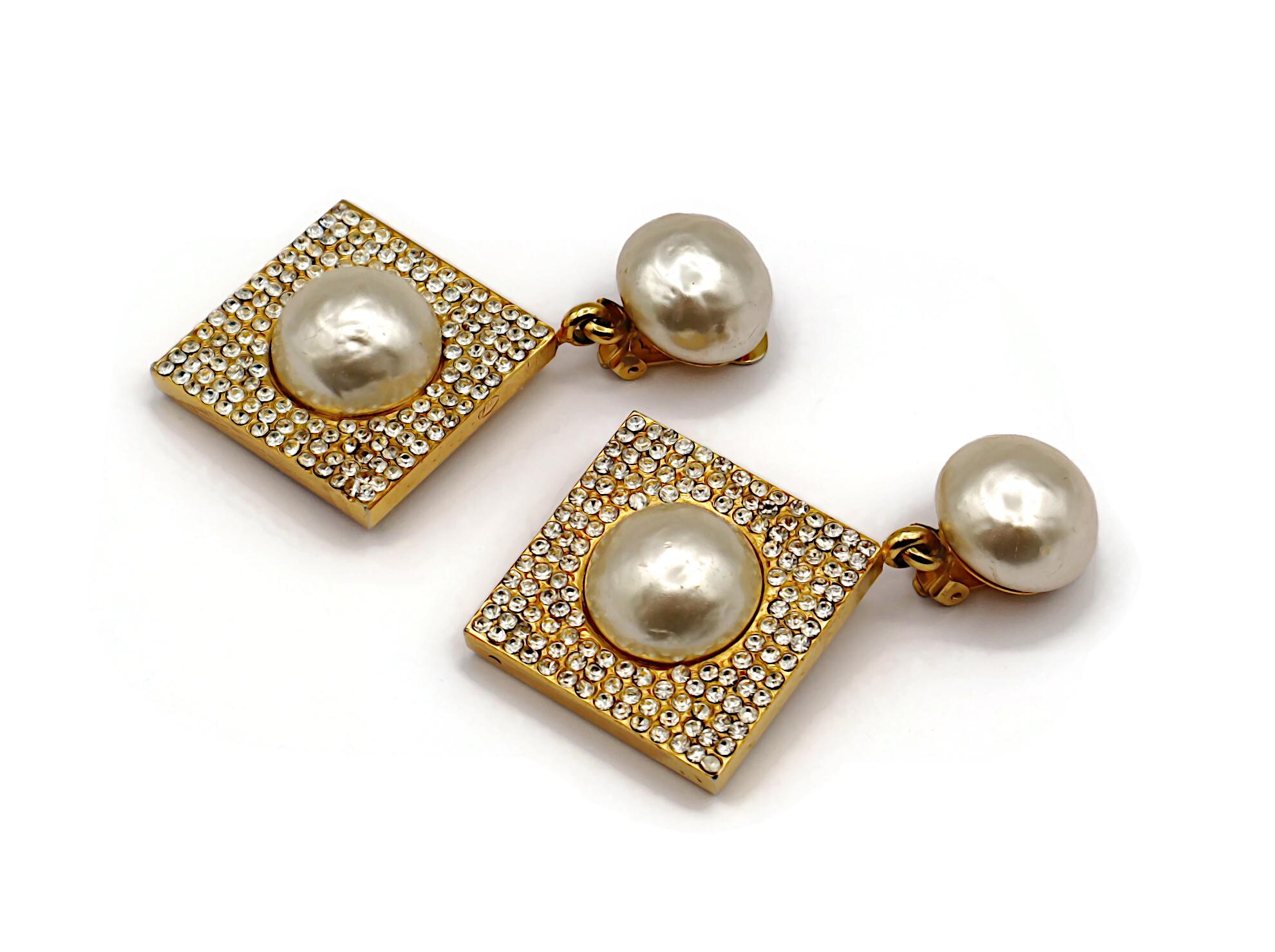 CELINE Vintage Massive Jewelled Faux Pearl Dangle Earrings For Sale 1