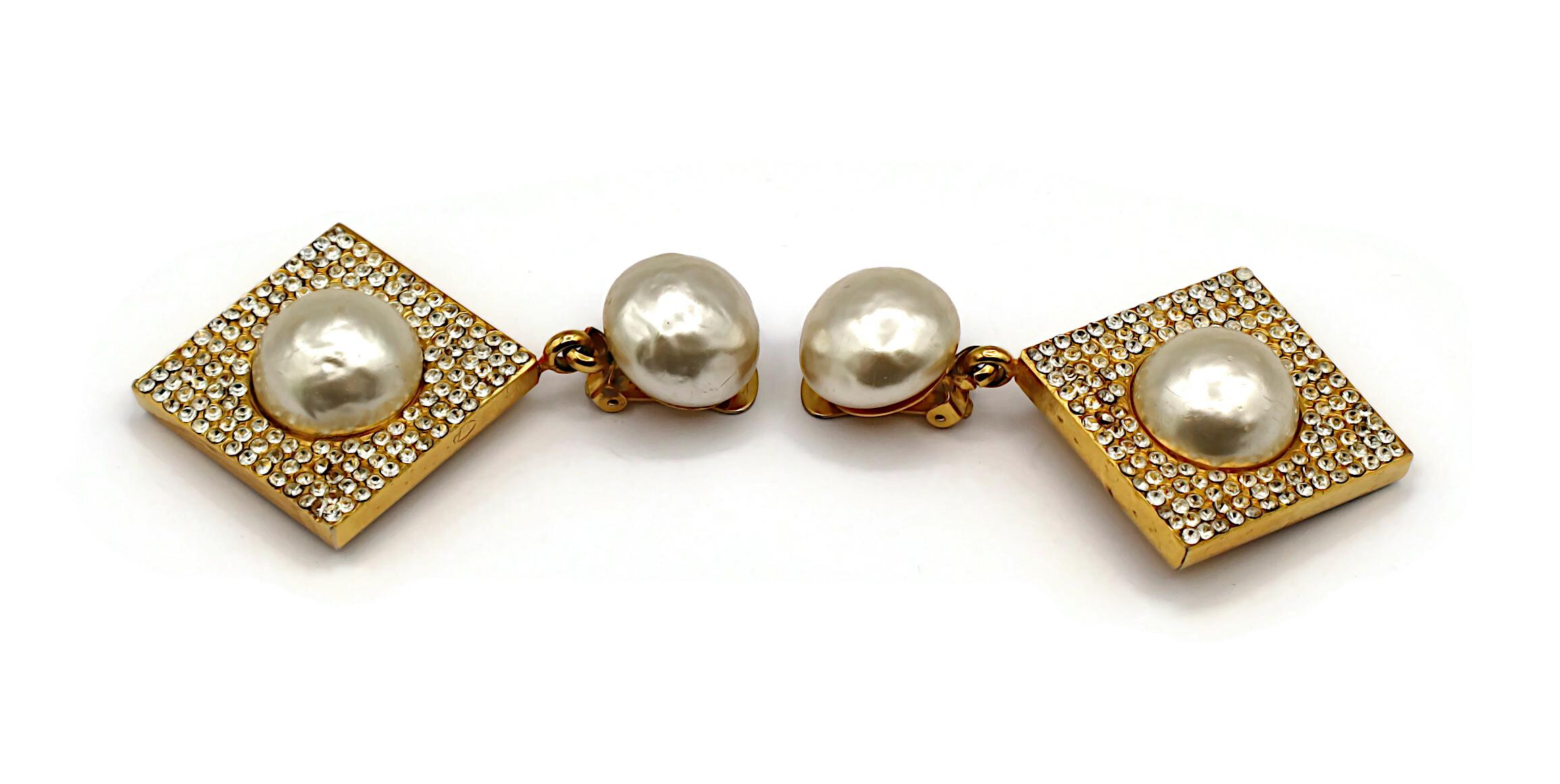 CELINE Vintage Massive Jewelled Faux Pearl Dangle Earrings For Sale 2
