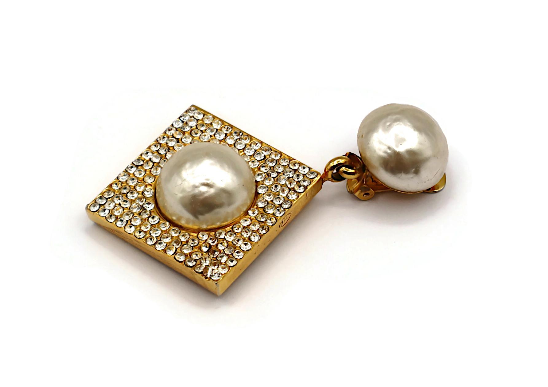 CELINE Vintage Massive Jewelled Faux Pearl Dangle Earrings For Sale 3
