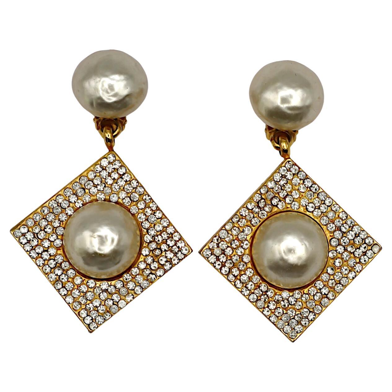 CELINE Vintage Massive Jewelled Faux Pearl Dangle Earrings For Sale