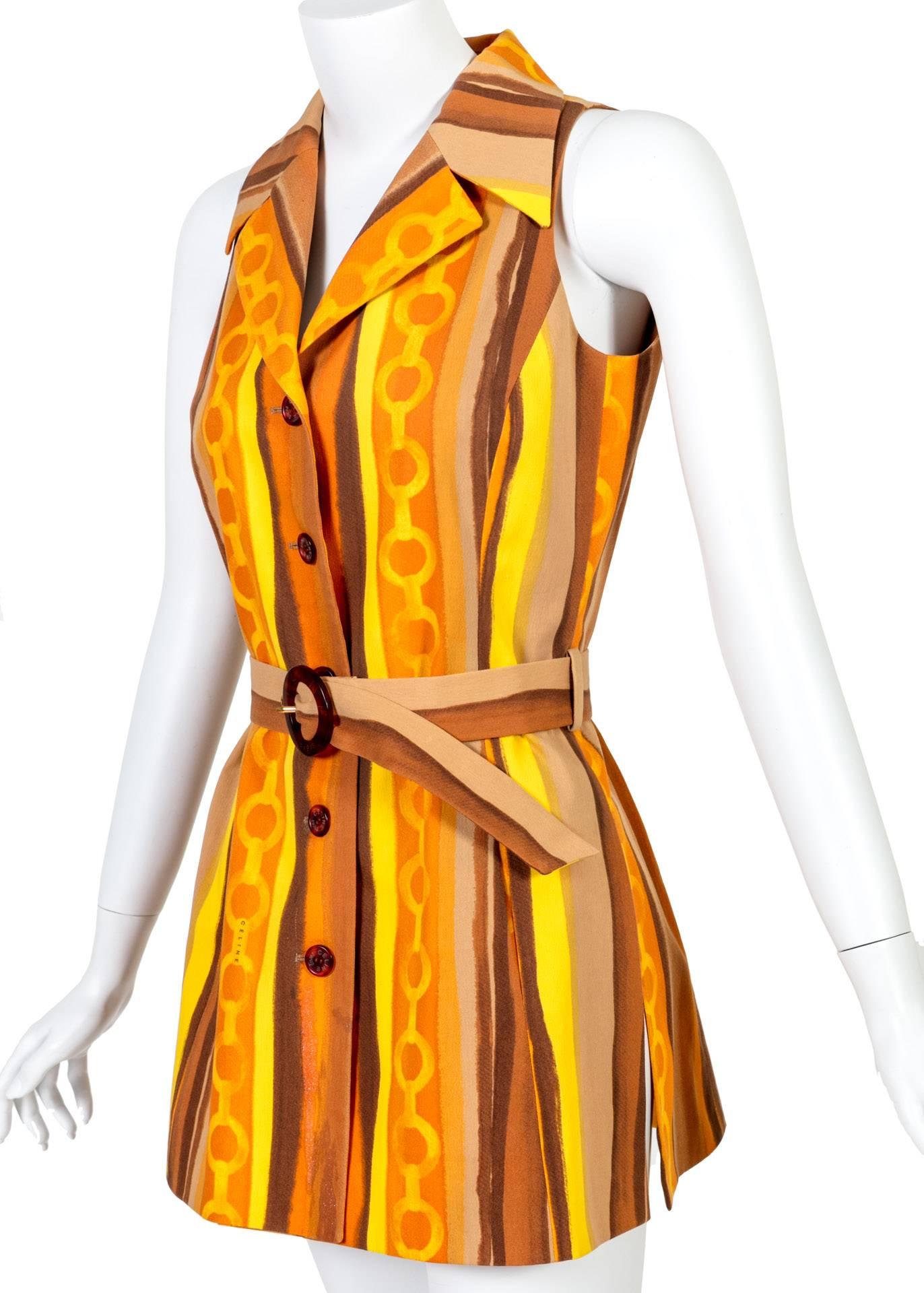 Orange Céline - Gilet tunique à ceinture, imprimé, à rayures, Mod, vintage en vente