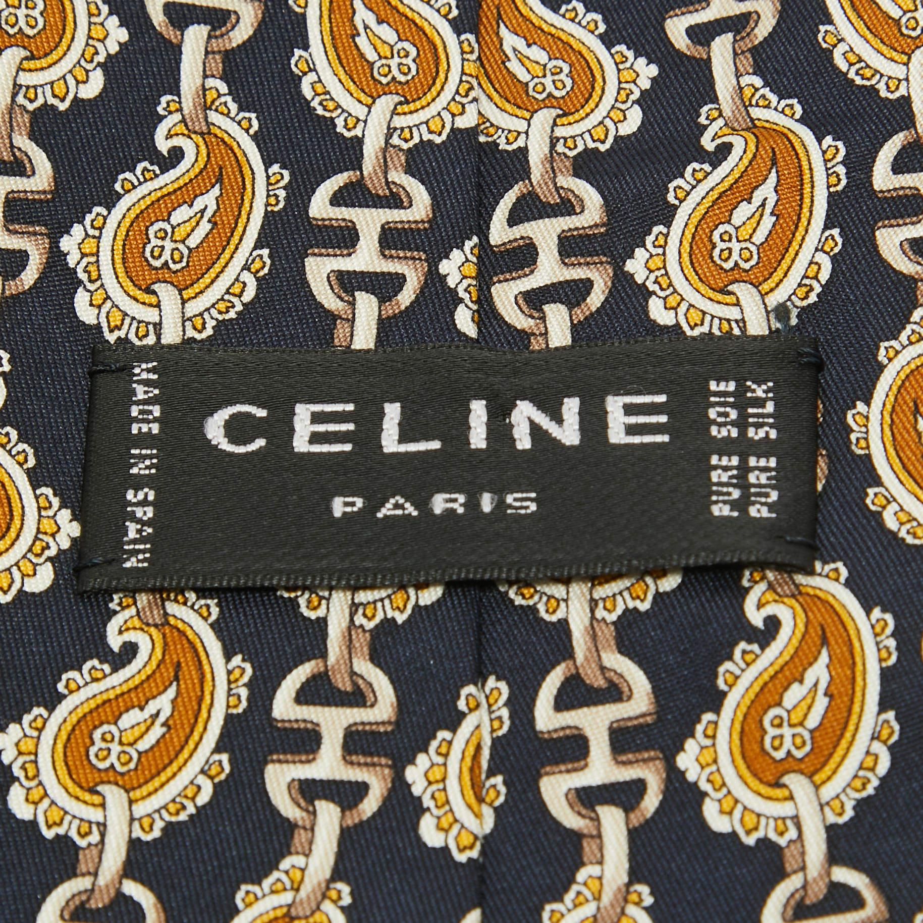 Brown Celine Vintage Navy Blue Chain Print Silk Traditonal Tie For Sale