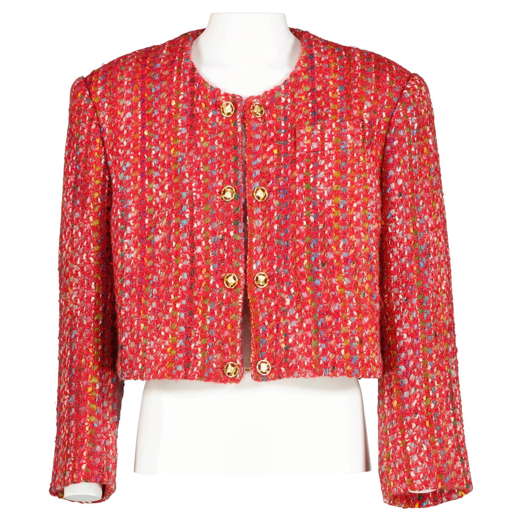 Celine Vintage Red Cropped Tweed Jacket - Size FR46